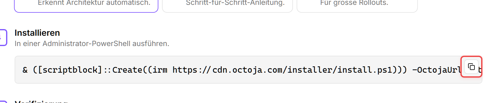 Schritt 4 Installieren des Deployment-Assistenten mit dem PowerShell-Installationsbefehl in einem grauen Code-Block. Die Kopierschaltfläche oben rechts am Code-Block ist rot umrandet; der Befehlstext reicht über den sichtbaren Ausschnitt hinaus (kopiere ihn aus der Live-Oberfläche, nicht aus diesem Bild).