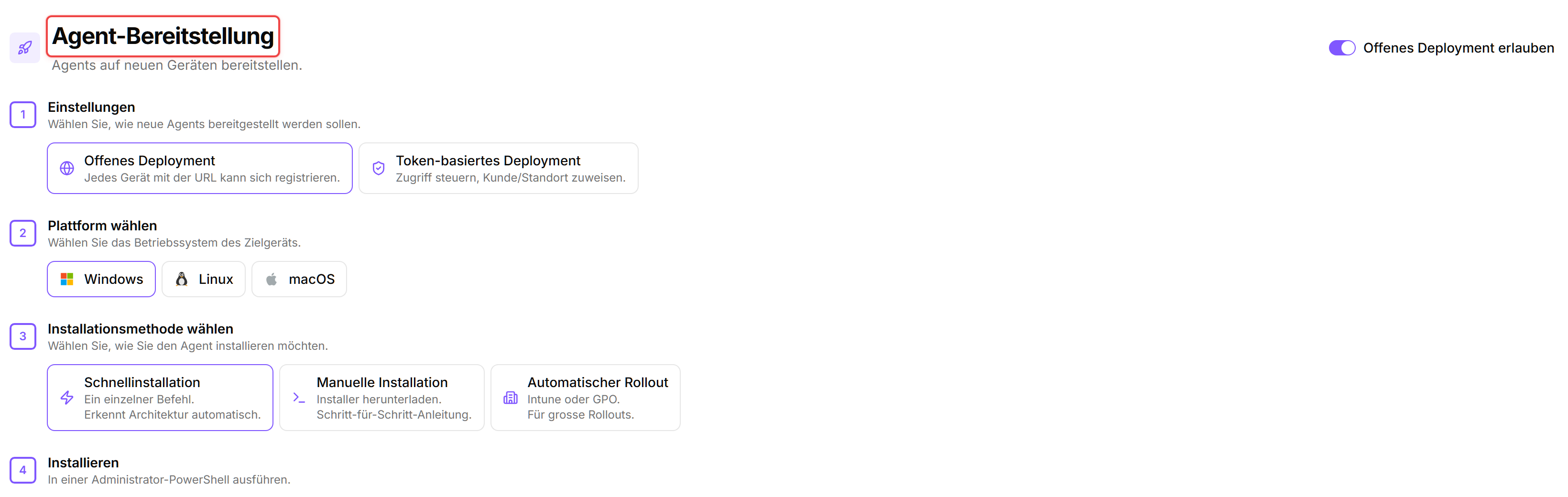 Die Seite Agent-Bereitstellung in octoja mit dem mehrstufigen Assistenten. Der Seitentitel „Agent-Bereitstellung“ ist rot umrandet. Der Schalter „Offenes Deployment erlauben“ oben rechts ist aktiviert. Schritt 1 Einstellungen zeigt die Optionskacheln Offenes Deployment und Token-basiertes Deployment mit ausgewähltem Offenes Deployment; Schritt 2 Plattform wählen zeigt Windows, Linux und macOS; Schritt 3 Installationsmethode wählen zeigt Schnellinstallation, Manuelle Installation und Automatischer Rollout.