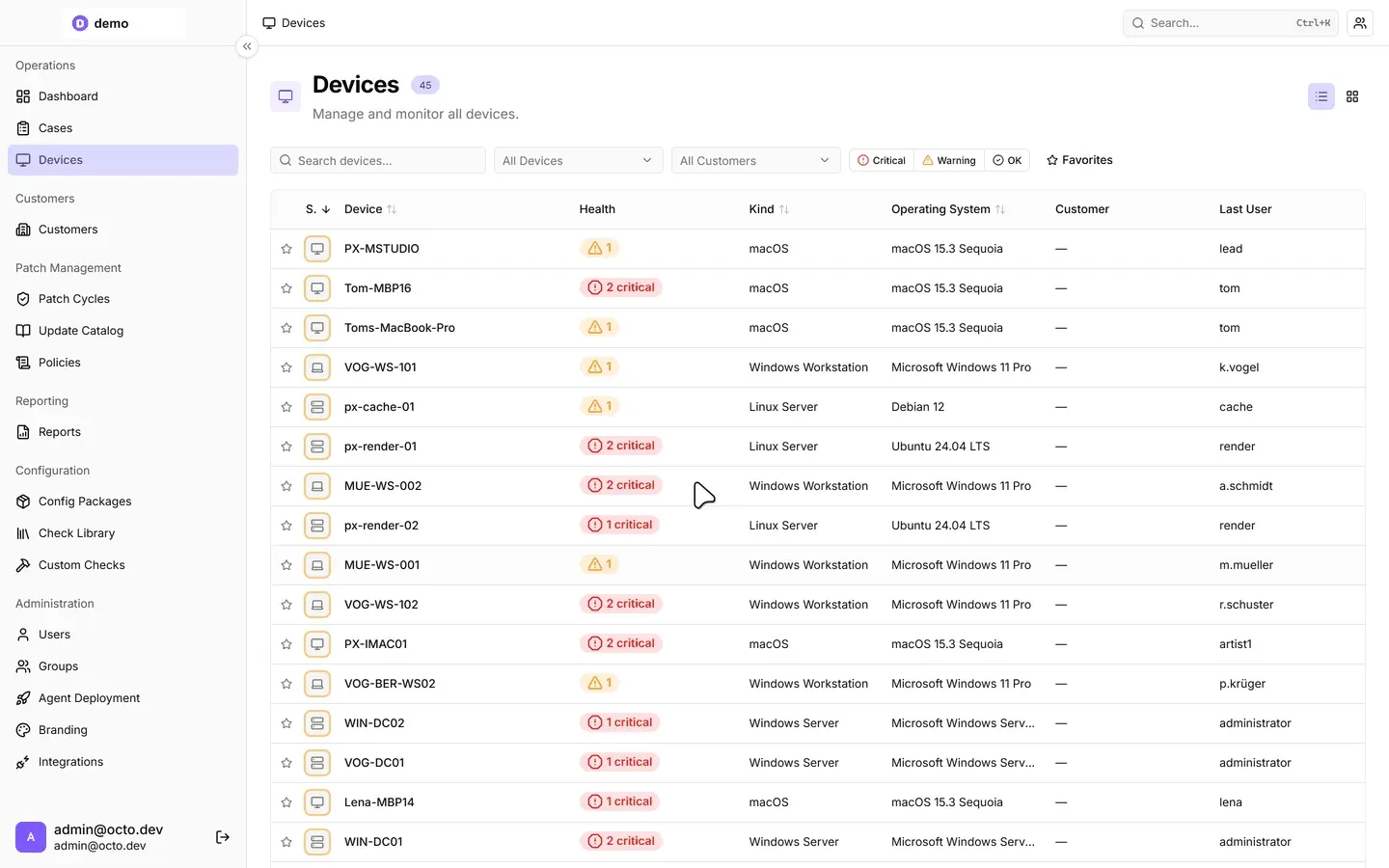 Animated walkthrough — open the Devices page, click a workstation row (VOG-WS-101) to open its detail page, click the Checks tab (which shows "No monitoring checks assigned"), click Add Check, select Disk I/O from the check picker, confirm Add Check; the dialog closes and the new Disk I/O check appears in the device's Monitoring Checks panel with status Pending.
