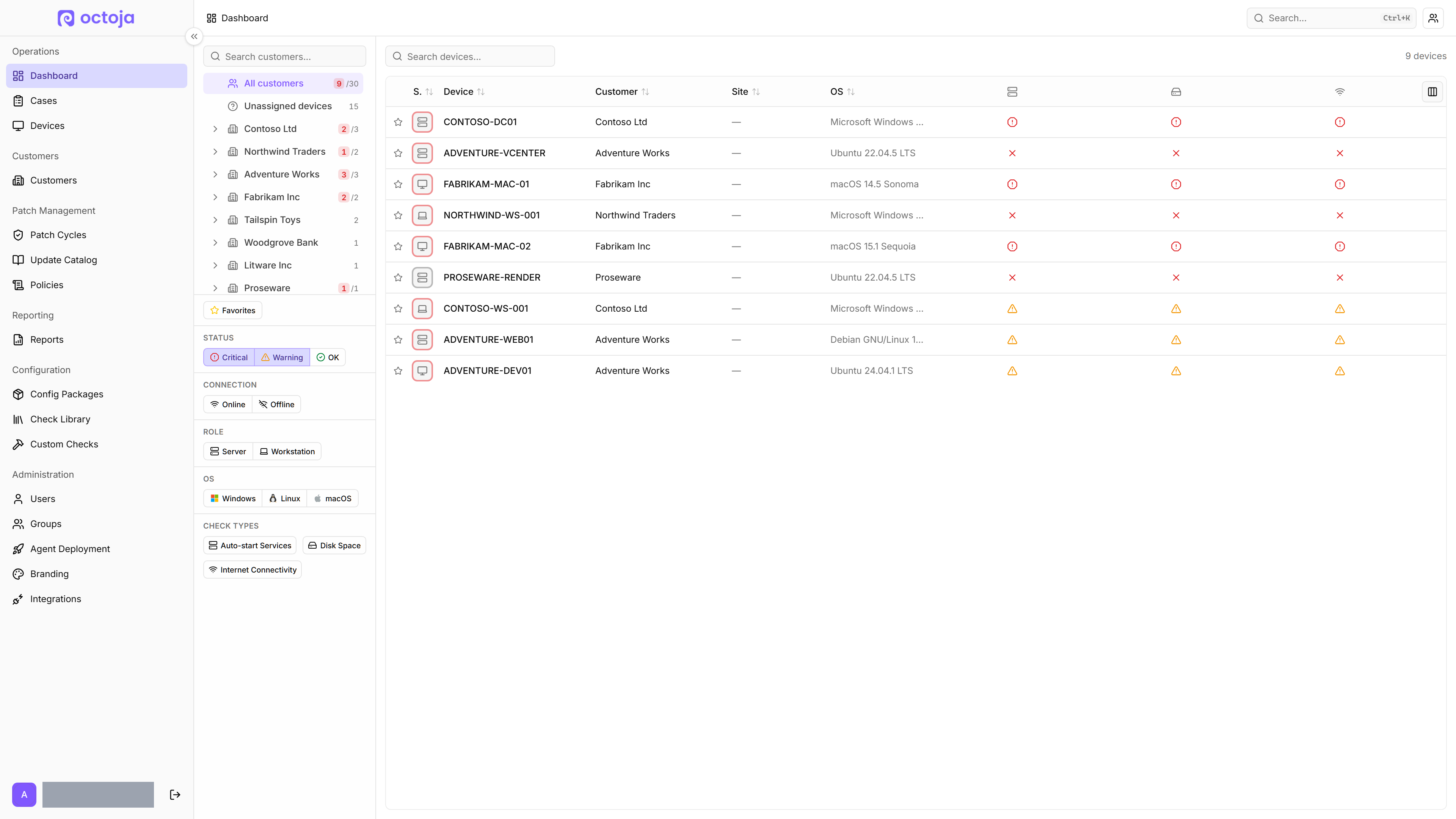 The home dashboard with the full sidebar open (Dashboard, Cases, Devices, Inventory, Customers, Patch Cycles, Update Catalog, Policies, Reports and more), a middle panel with a Search customers box and a customer list — All customers 15, Unassigned devices 15, then Adventure Works, Contoso Ltd, Fabrikam Inc, Litware Inc, Northwind Traders, Proseware, Tailspin Toys and Woodgrove Bank — plus STATUS (Critical / Warning / Healthy), CONNECTION (Online / Offline), UPDATES (Pending / Current / Unknown), ROLE (Server / Workstation) and OS (Windows / Linux / macOS) filter chip groups, and a right pane reading 0 devices with an All clear empty state saying no devices currently report failed checks for this scope.