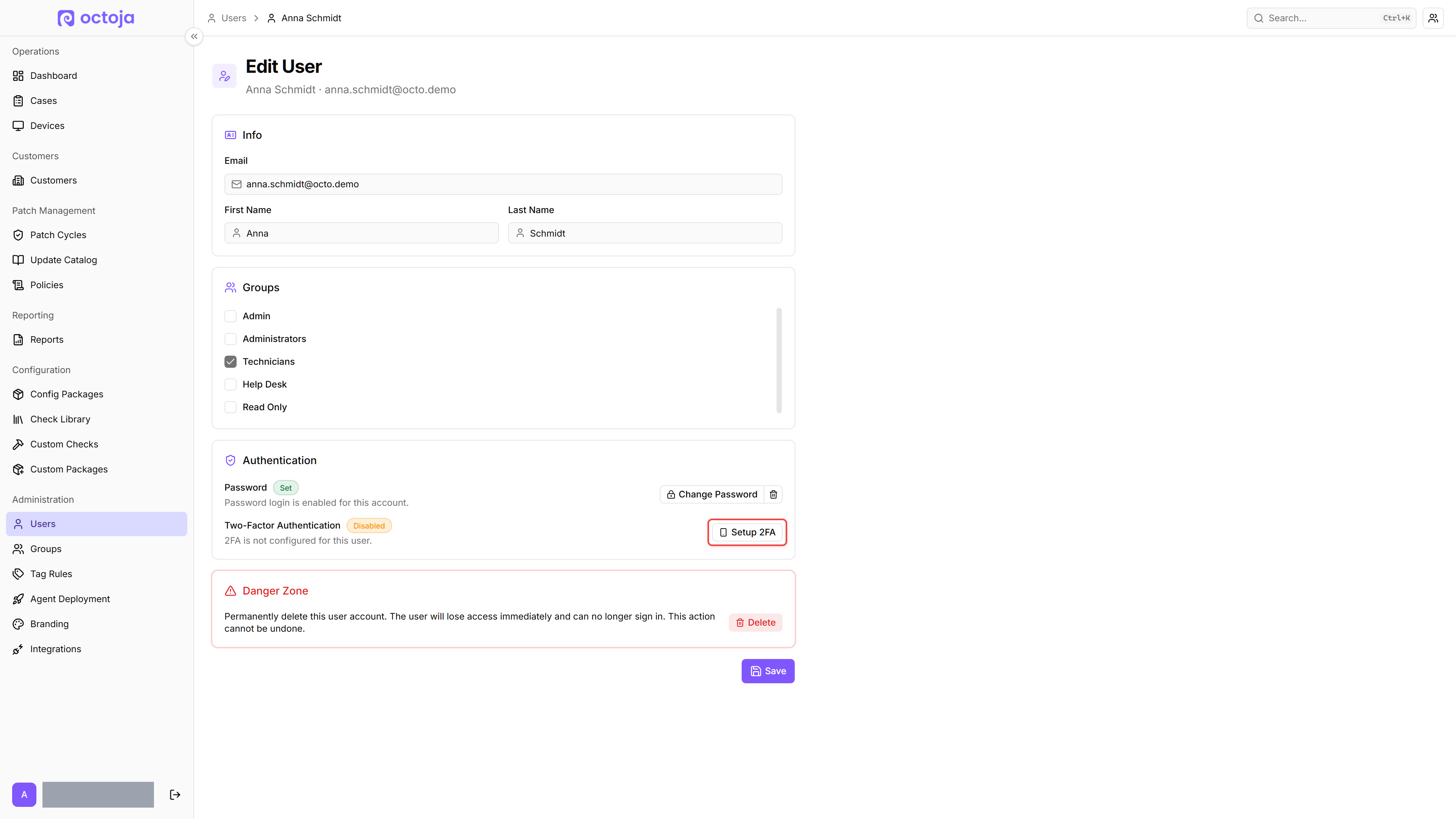 Edit User page for Anna Schmidt showing the Info, Groups, and Authentication sections, with the Two-Factor Authentication row marked Disabled and the Setup 2FA button outlined in red — for a user with 2FA already active the same button reads Remove 2FA instead