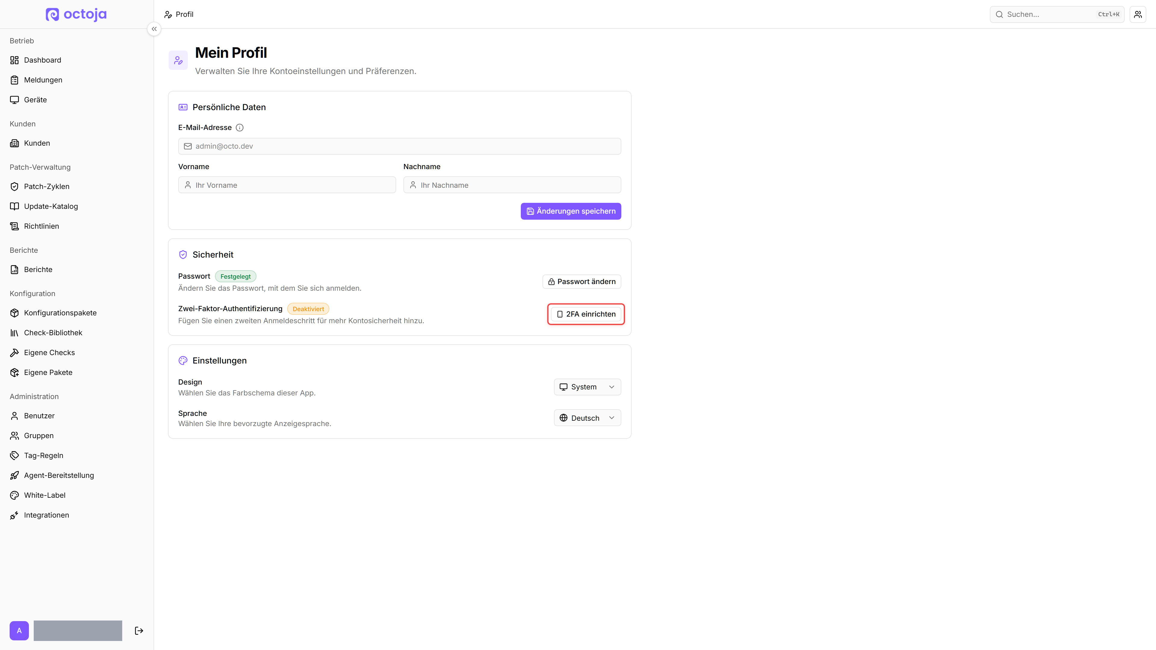 Seite Mein Profil, Bereich Authentifizierung, mit der als Deaktiviert markierten Zeile Zwei-Faktor-Authentifizierung und dem rot umrandeten Button 2FA einrichten, unterhalb von Passwort ändern und oberhalb von Verknüpfte Anmeldungen