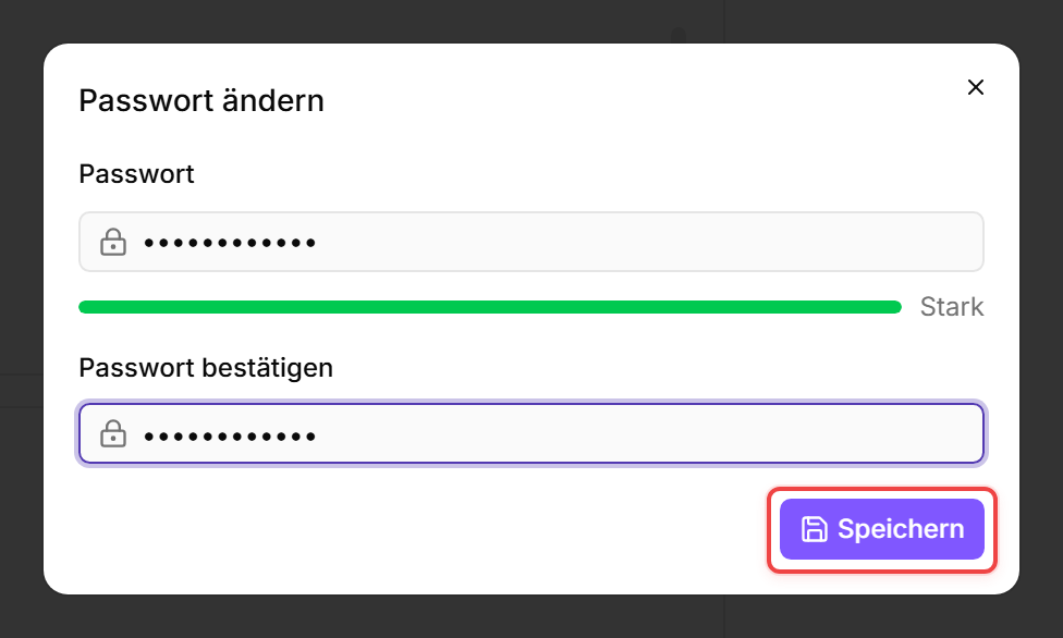 Der octoja-Dialog „Passwort ändern" mit hervorgehobener Schaltfläche „Speichern".