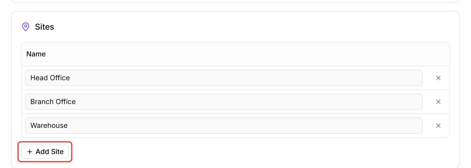 The Contoso Ltd Edit Customer page scrolled to the Sites section, which lists three named site rows (Head Office, Branch Office, Warehouse) each with a remove (×) control under a Name column, and a red-outlined Add Site button below them; the Contact Person section and a red Danger Zone with a Delete button are also visible.