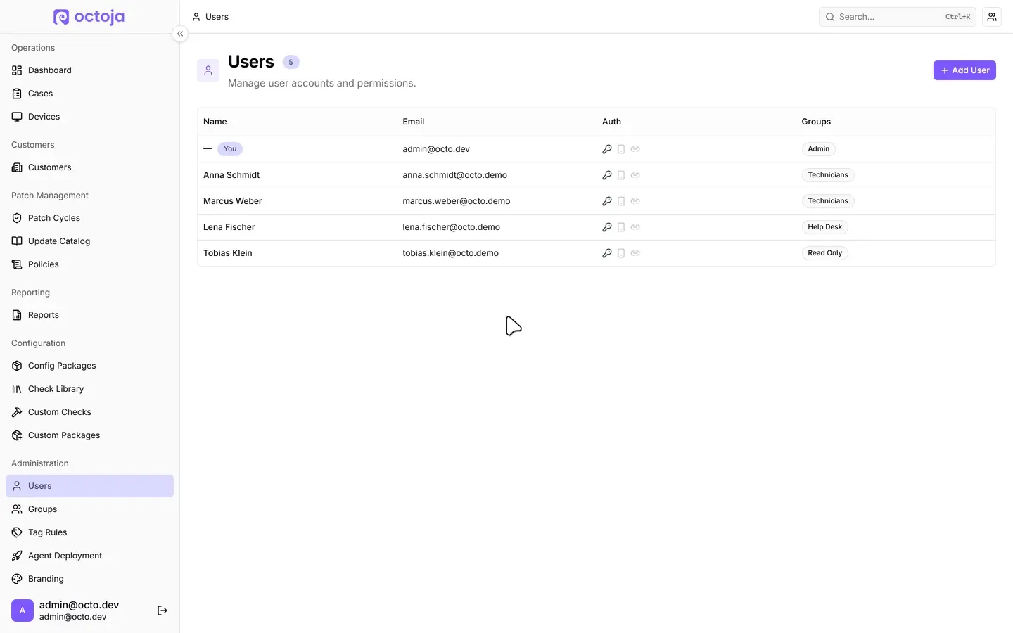 Click Add User in the sidebar; complete the Add User dialog (email, first name, last name, optional password, confirm password); click Add; then on the Edit User page, tick a group under Groups and click Save.