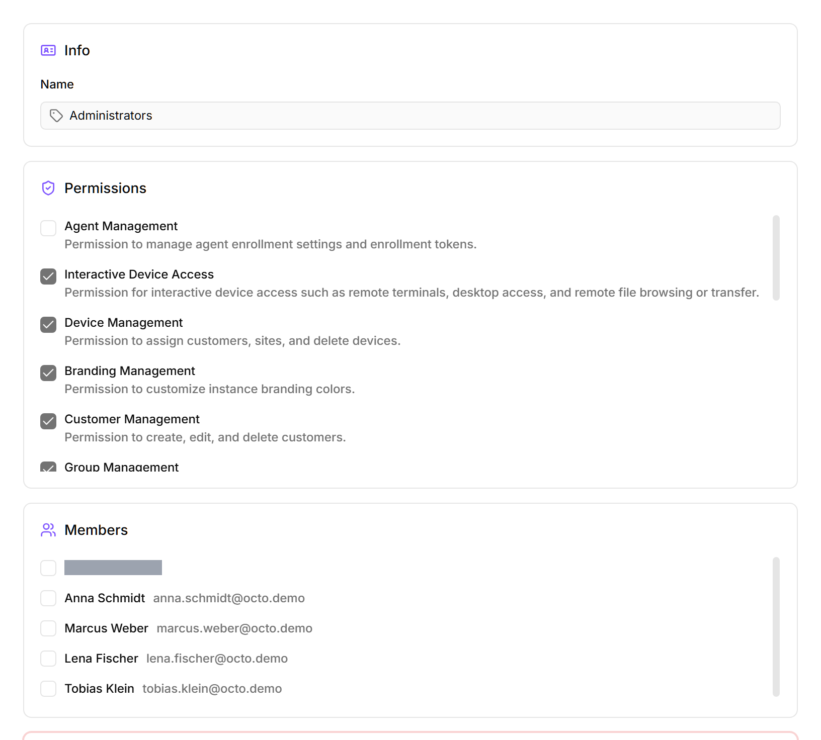 octoja Edit Group page for the existing Administrators group, on the General tab (alongside Customer Access and Device Access tabs), showing the Info card with the Name field and an Administrator group toggle (off), a scrollable Permissions checklist of unticked permission checkboxes, a Members card listing users such as Anna Schmidt and Marcus Weber, and a red Danger Zone with a Delete button.