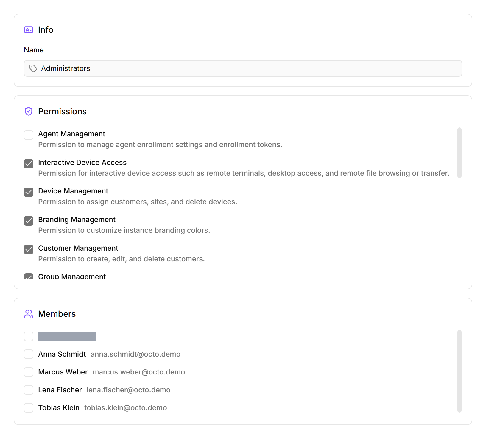 The Edit Group page for the Administrators group with General, Customer Access, and Device Access tabs. The General tab shows the Info section with a Name field and an Administrator group toggle, a Permissions section of checkboxes, and a Members list. Below the tabs, a Danger Zone with a Delete button.