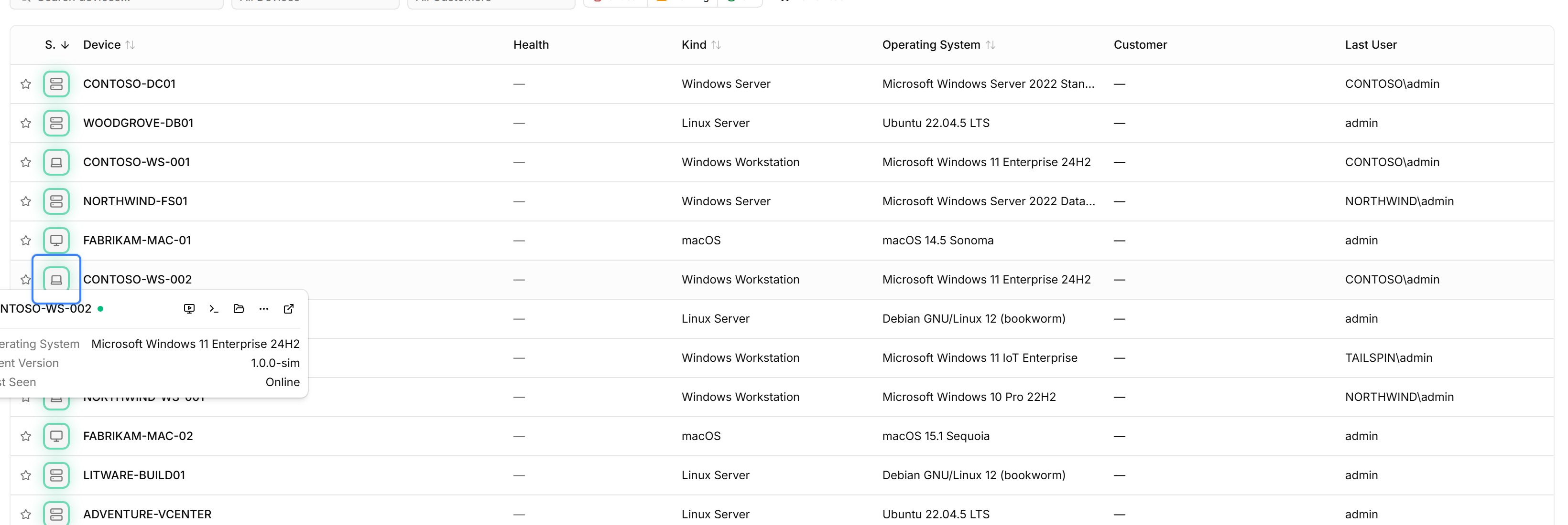 The octoja Devices table after enrollment. The Windows workstation CONTOSO-WS-002 is highlighted with the entire row outlined in blue; columns shown are Device, Status, Kind, Operating System, Customer and Last User.