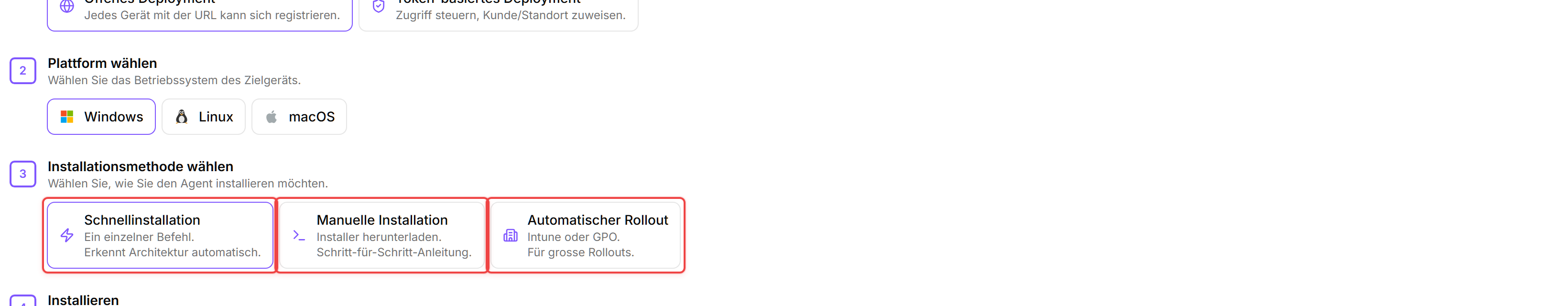 Die Seite Agent-Bereitstellung mit den drei Installationsmethoden-Karten in Schritt 3, jeweils mit einem roten nummerierten Abzeichen (1, 2, 3) markiert: Schnellinstallation, Manuelle Installation und Automatischer Rollout.