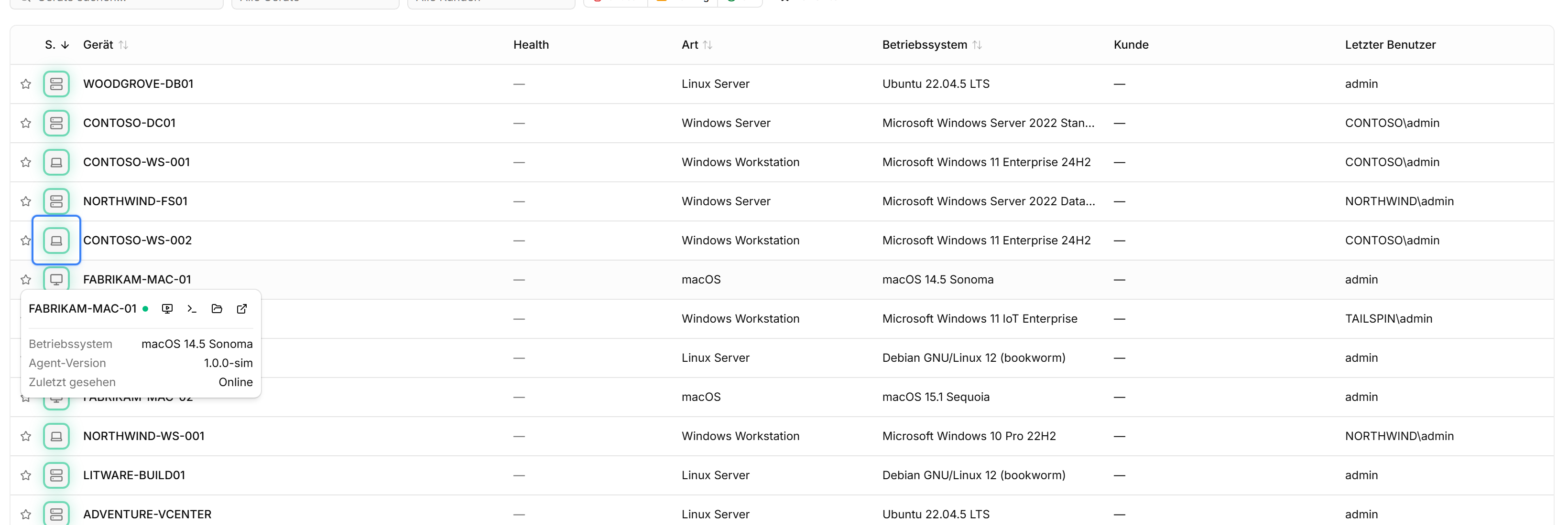Die octoja-Geräteliste nach der Registrierung. Die Zeile der Windows-Workstation CONTOSO-WS-002 ist blau umrandet hervorgehoben; sichtbar sind die Spalten Gerät, Status, Art, Betriebssystem, Kunde und Letzter Benutzer.