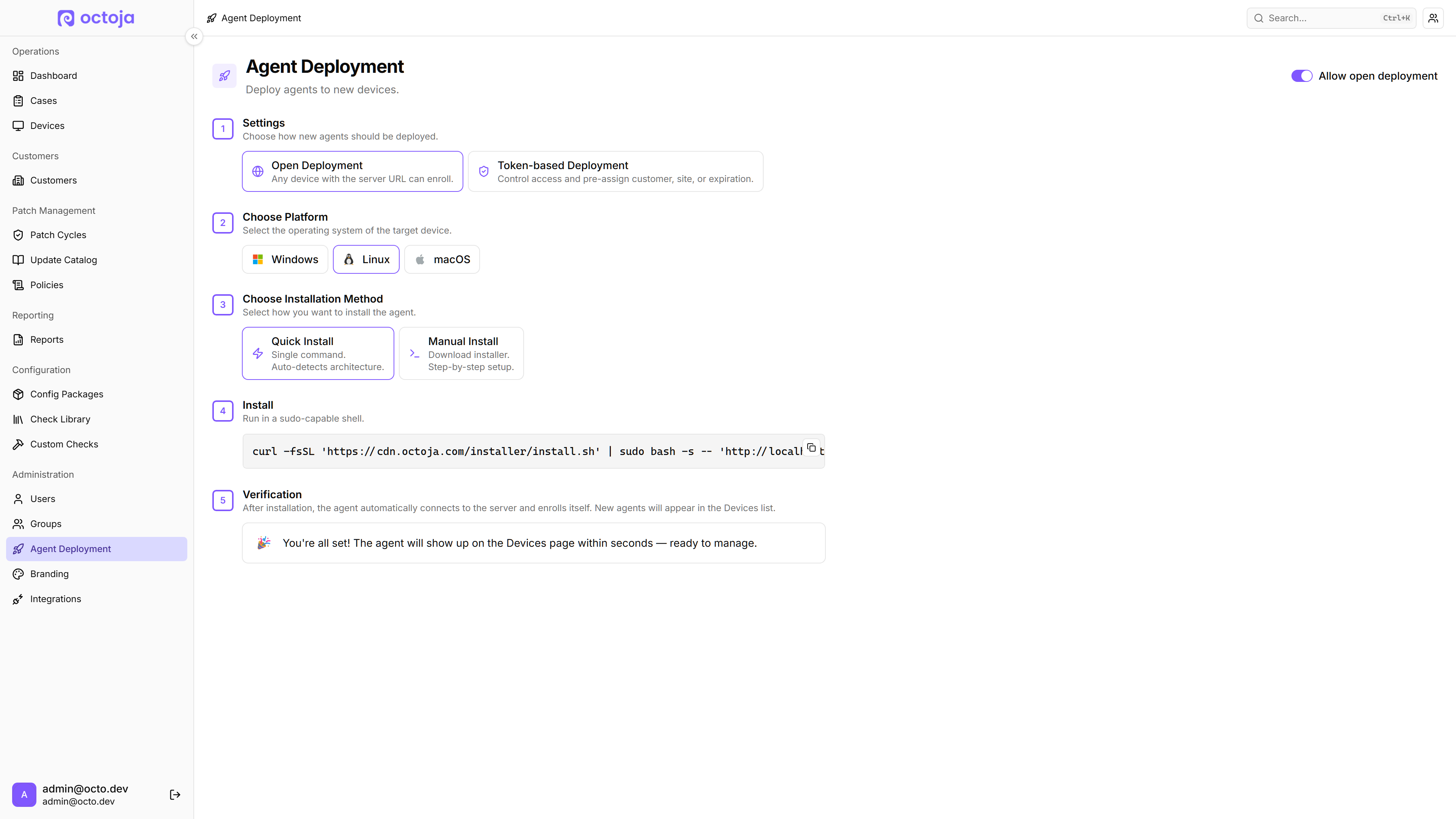 The octoja Agent Deployment page with Linux selected, Quick Install method, and the install command visible in Step 4 – Install.
