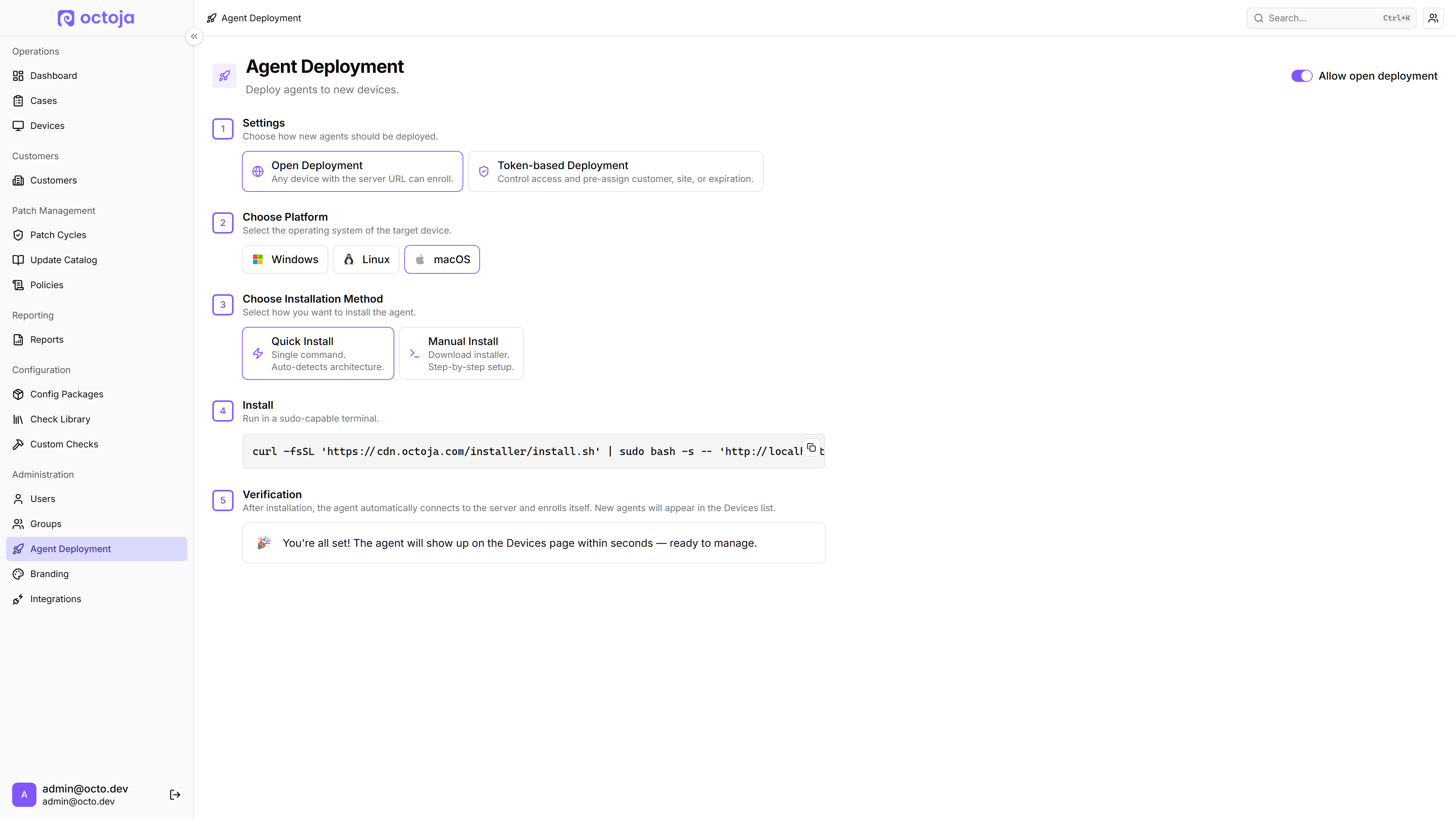 The octoja Agent Deployment page showing the five-step layout (Settings, Choose Platform, Choose Installation Method, Install, Verification) with macOS and Quick Install selected and the install command visible in the Step 4 Install card.