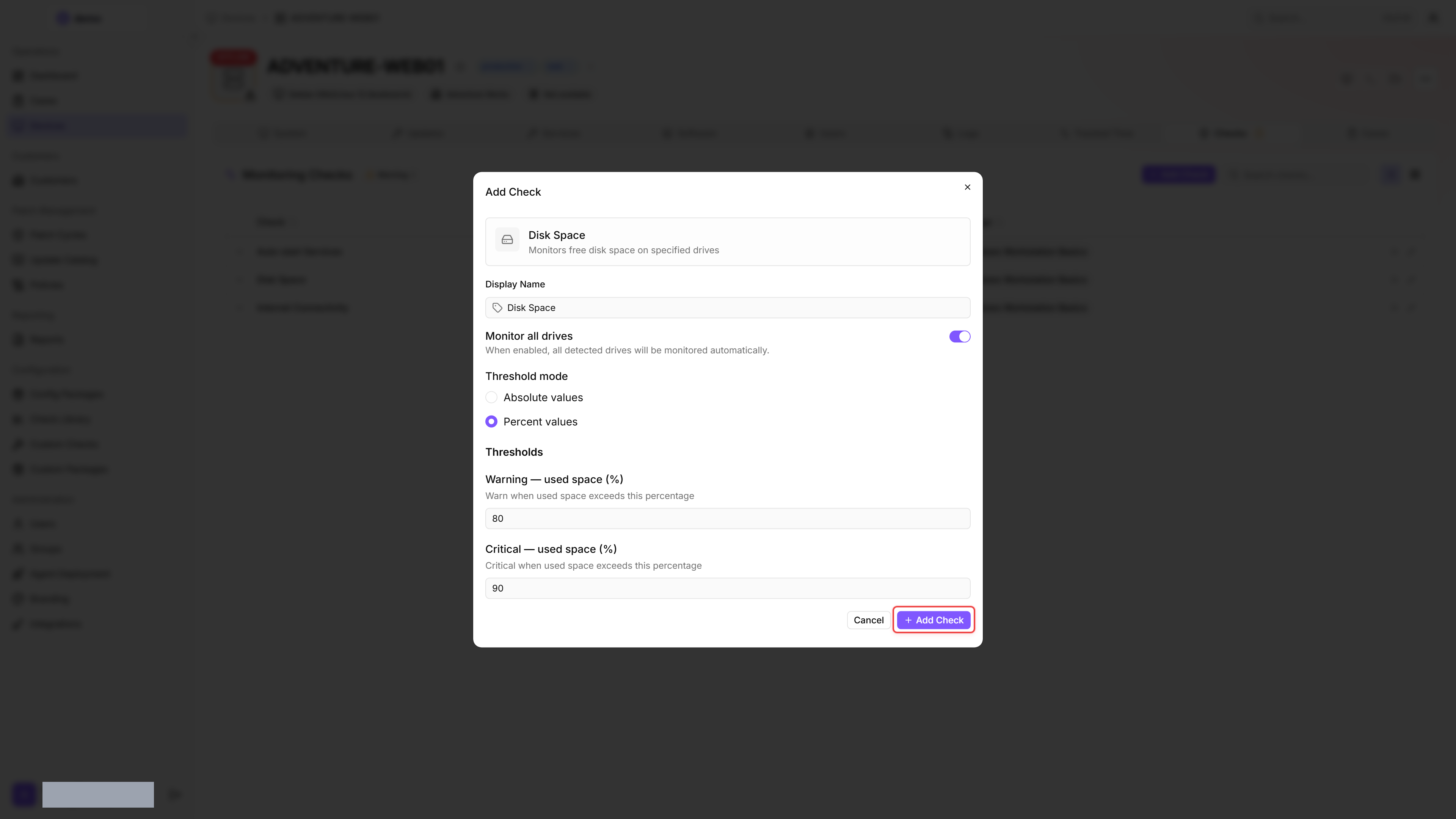 The Add Check dialog with the Disk Space editor open on CONTOSO-DC01 — Display Name "Disk Space", "Monitor all drives" toggle on, Threshold mode set to "Percent values", Warning threshold 80%, Critical threshold 90%, Cancel and Add Check buttons at the bottom.