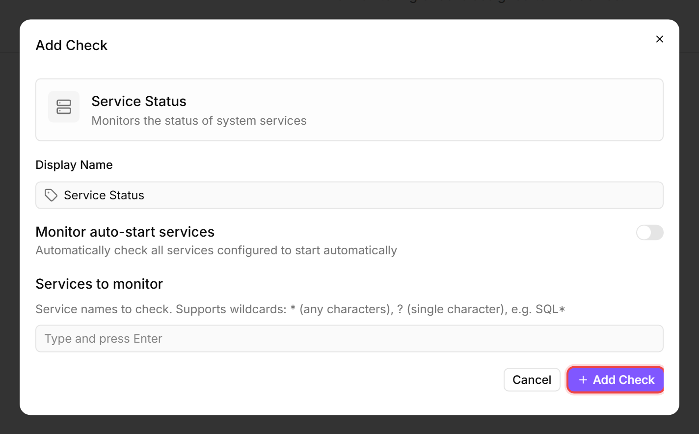 Service Status check editor with the Monitor auto-start services toggle, the Services to monitor list, and the Add Check button outlined in red
