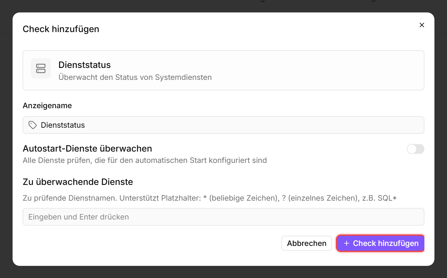 Dienststatus-Check-Editor mit dem Schalter „Autostart-Dienste überwachen“, der Liste „Zu überwachende Dienste“ und der rot umrandeten Schaltfläche „Check hinzufügen“