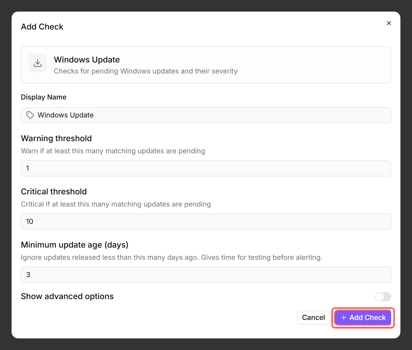 Add Check dialog: System Updates, warning 1, critical 10, minimum update age 3 days