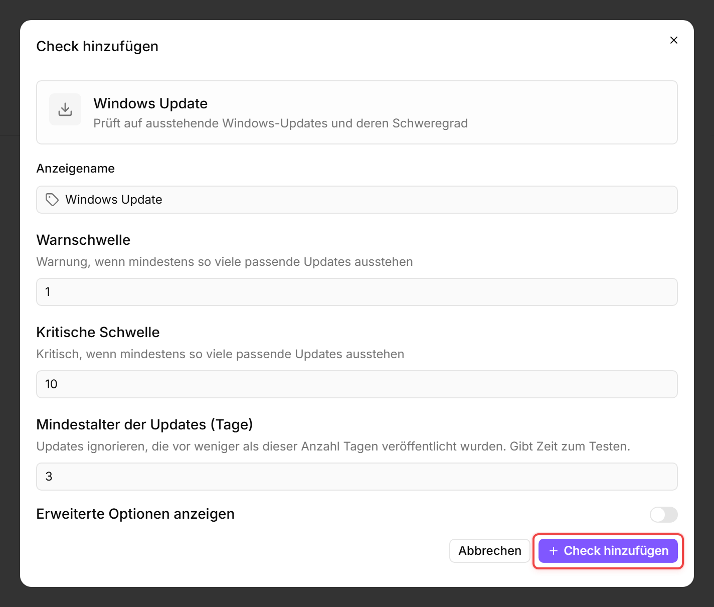 Dialog Check hinzufügen: Systemupdates, Warnung 1, Kritisch 10, Mindest-Update-Alter 3 Tage.