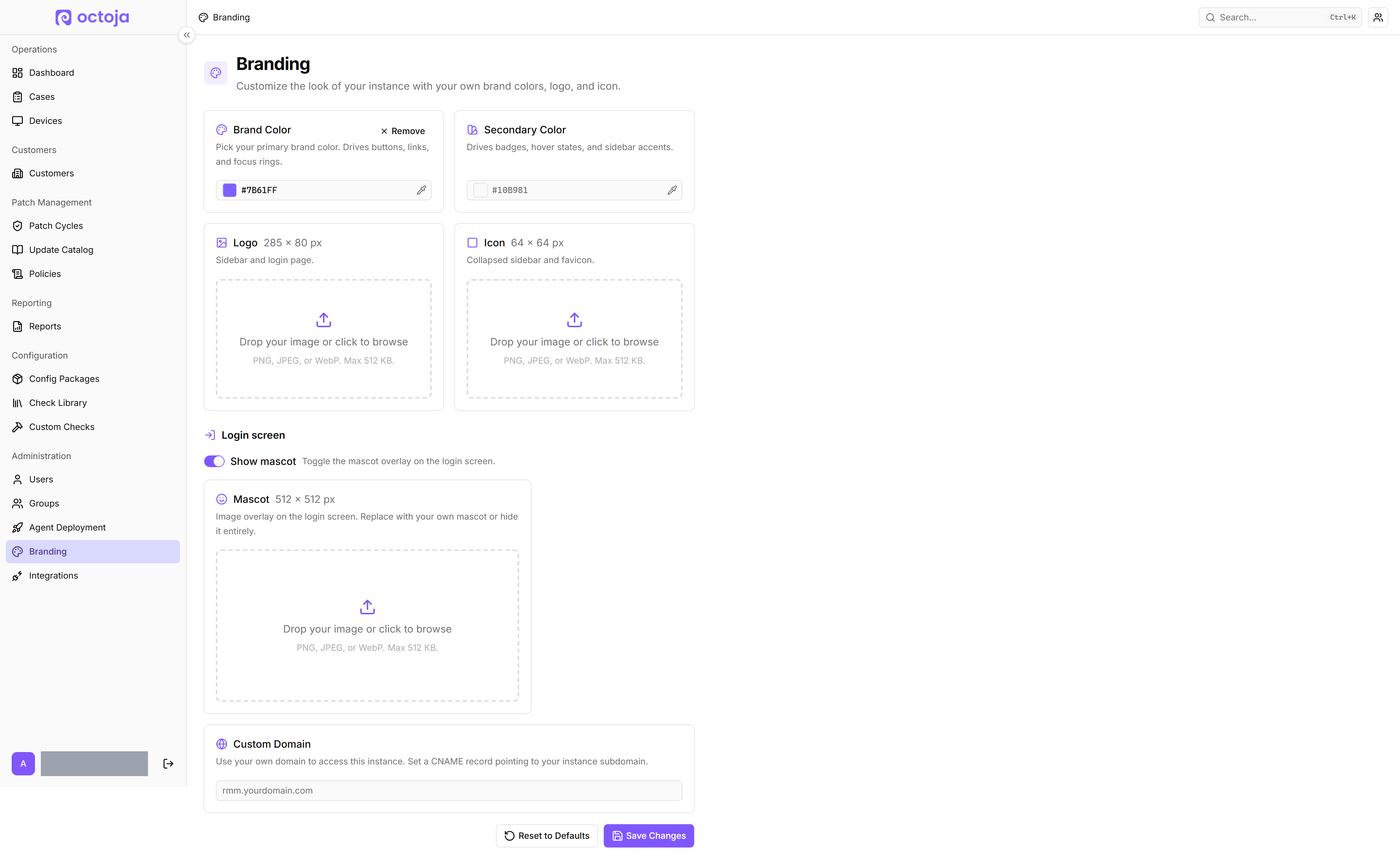 The Branding settings page under Administration with a Save Changes button, split into sections: General (Window Title set to octoja, Product Name set to octoja Service Center), Custom Domain (rmm.yourdomain.com placeholder), Colors (Brand Color card showing #7B61FF with a Remove link, Secondary Color card showing #10B981), and the start of the Logo & icon section with Logo 285 × 80 px and Icon 64 × 64 px upload zones.