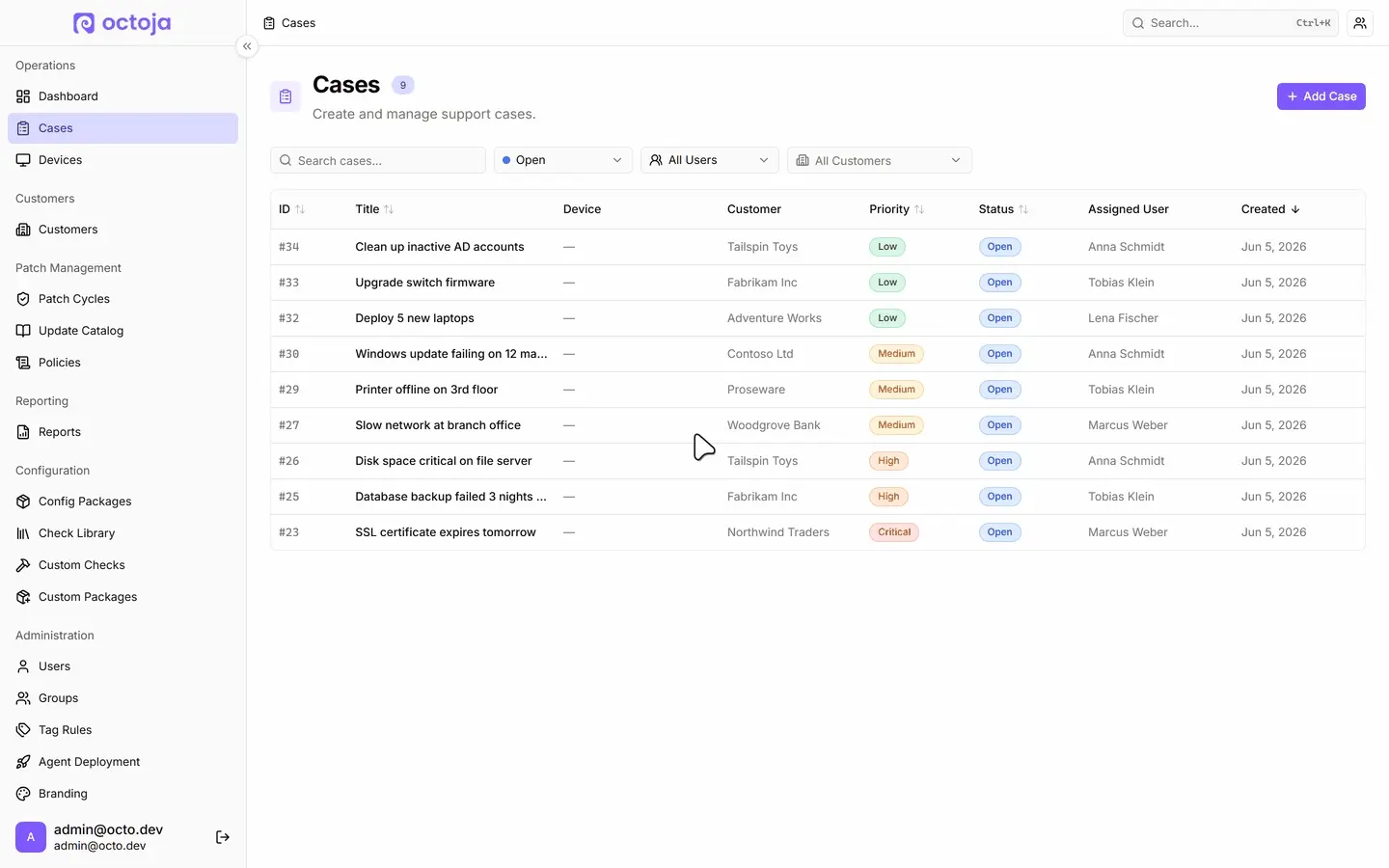 Animated walkthrough on the Cases page: cursor clicks Add Case; the create-case dialog opens; cursor fills the Title and Description fields; clicks Create; a 'Case created' toast fires and the new case opens in the detail view.