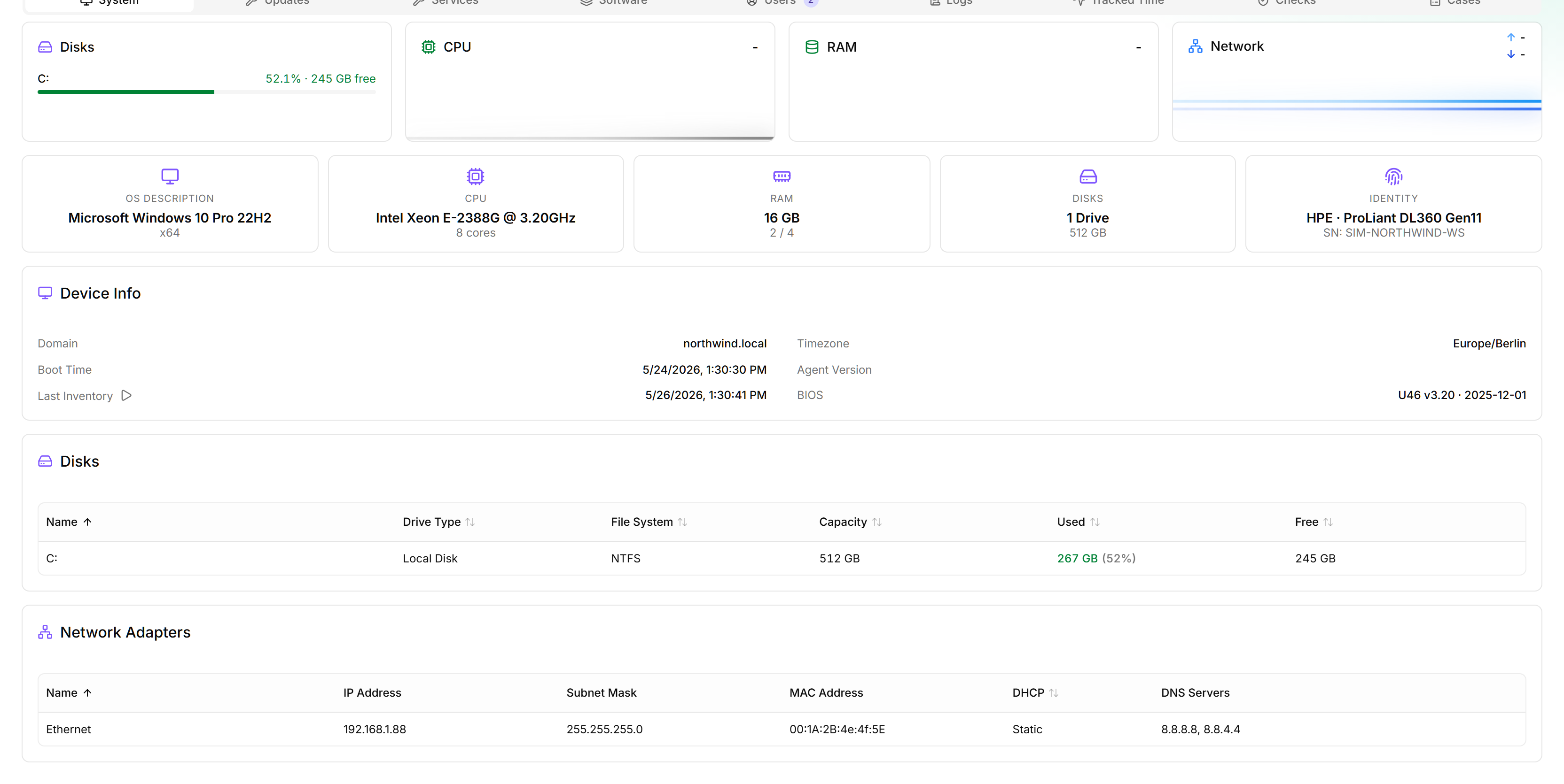 The NORTHWIND-WS-001 device detail page on the System tab, showing live CPU, RAM, disk, and network sparklines updating in real time, with hardware identity tiles below.