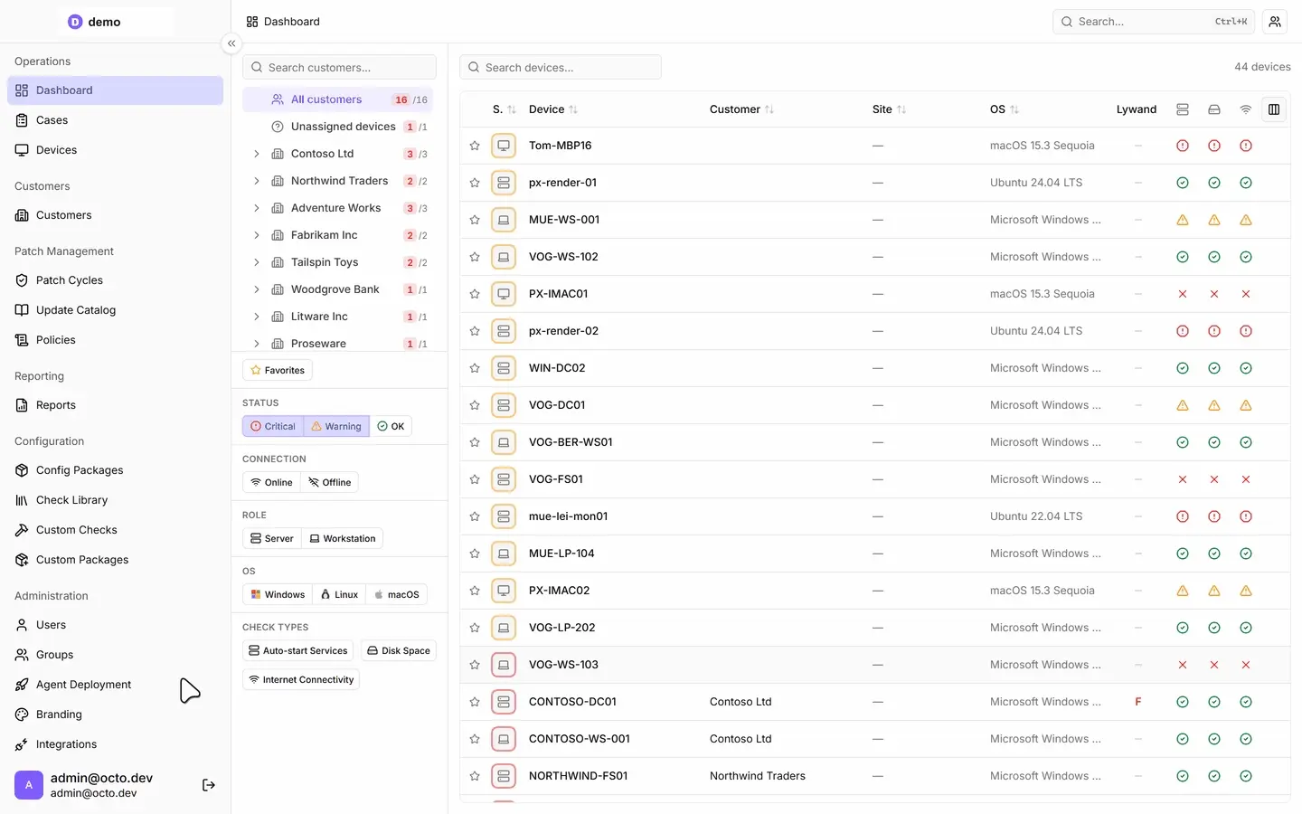 Animated walkthrough: pressing Ctrl+K opens the centred command bar, typing CONTOSO filters results live, with matches grouped by Customers (Contoso Ltd) and Devices (CONTOSO-DC01, CONTOSO-WS-001, CONTOSO-WS-002).