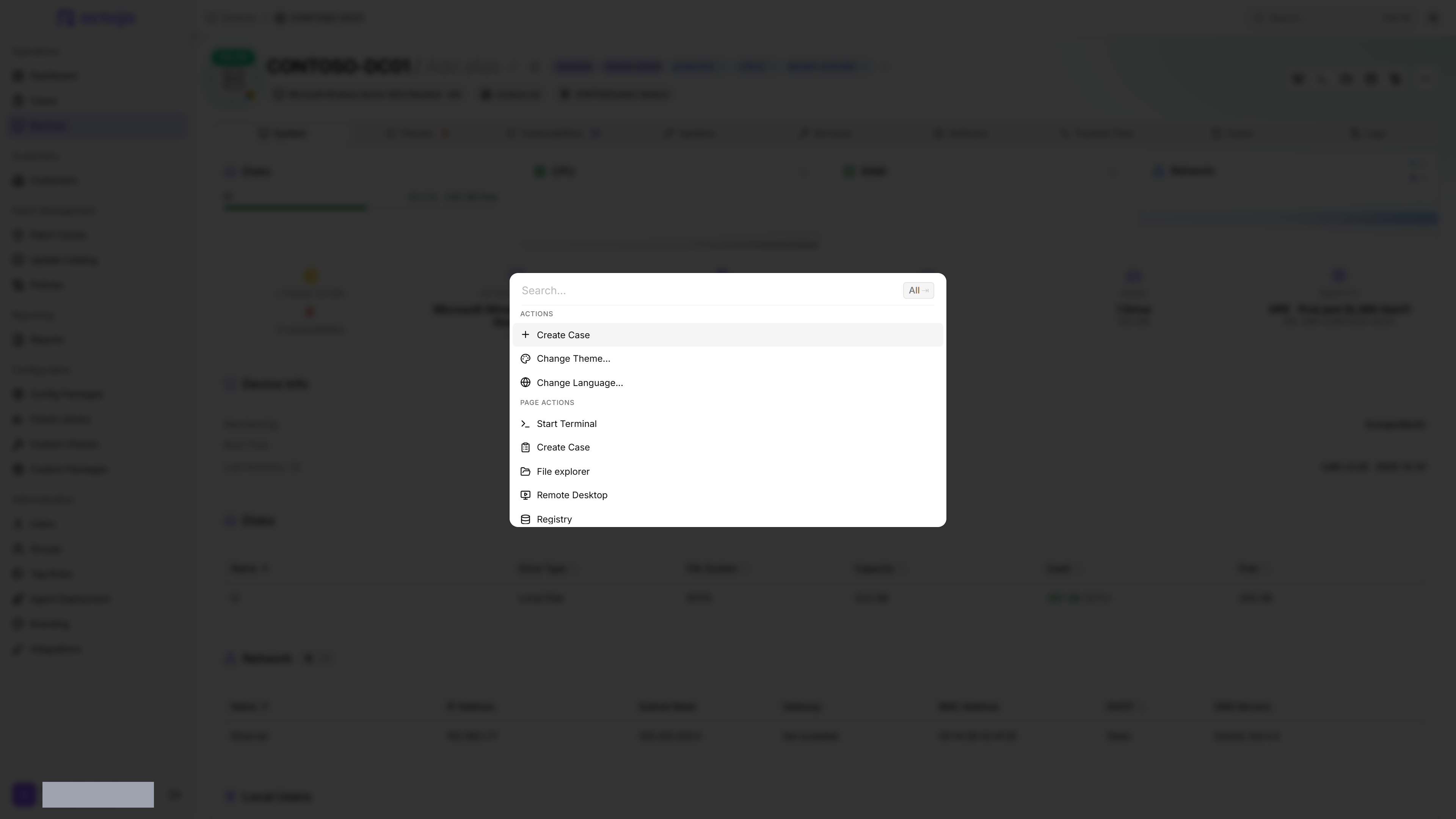 The command bar opened on a device detail page, showing the standard ACTIONS group (Create Case, Change Theme..., Change Language...) at the top followed by the PAGE ACTIONS group with the device-specific actions (Start Terminal, Create Case, File explorer, Remote Desktop, Registry, plus Open Event Log, Trigger Inventory, Install Software, Assign Customer, and Delete Device below the fold).
