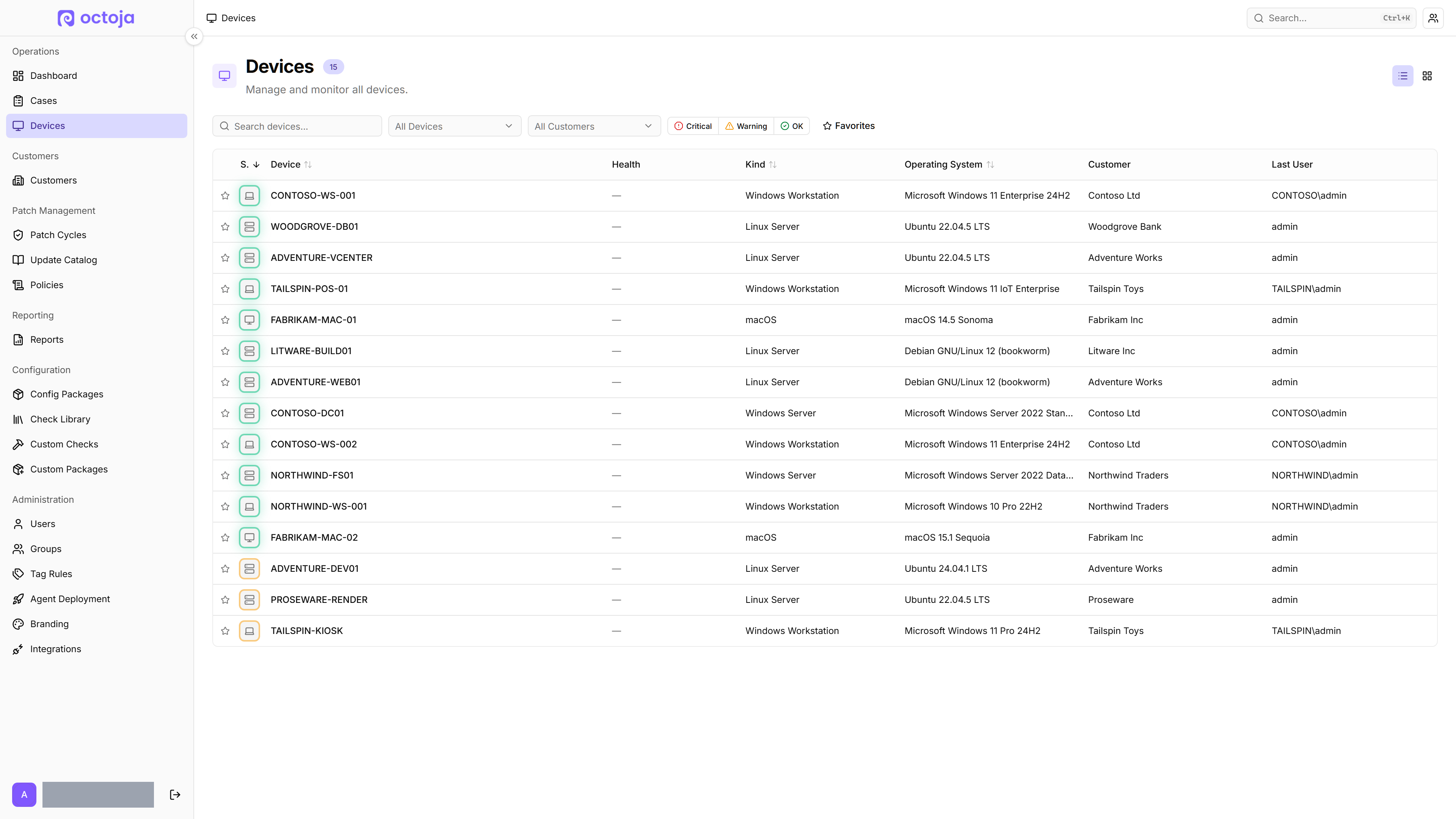 The Devices list showing the device table. The favorite-star icon sits in the first column of each row (click it to pin a device to the top), and the table/grid view-mode toggle is in the page header.