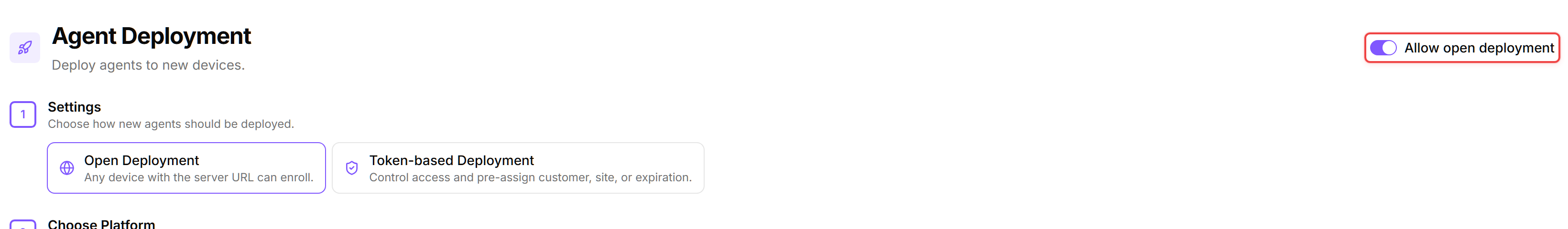 The Agent Deployment page in open-deployment mode: in Step 1 Settings the "Open Deployment" card is selected next to the "Token-based Deployment" card, and the "β¦" actions menu button sits at the top right of the page header.