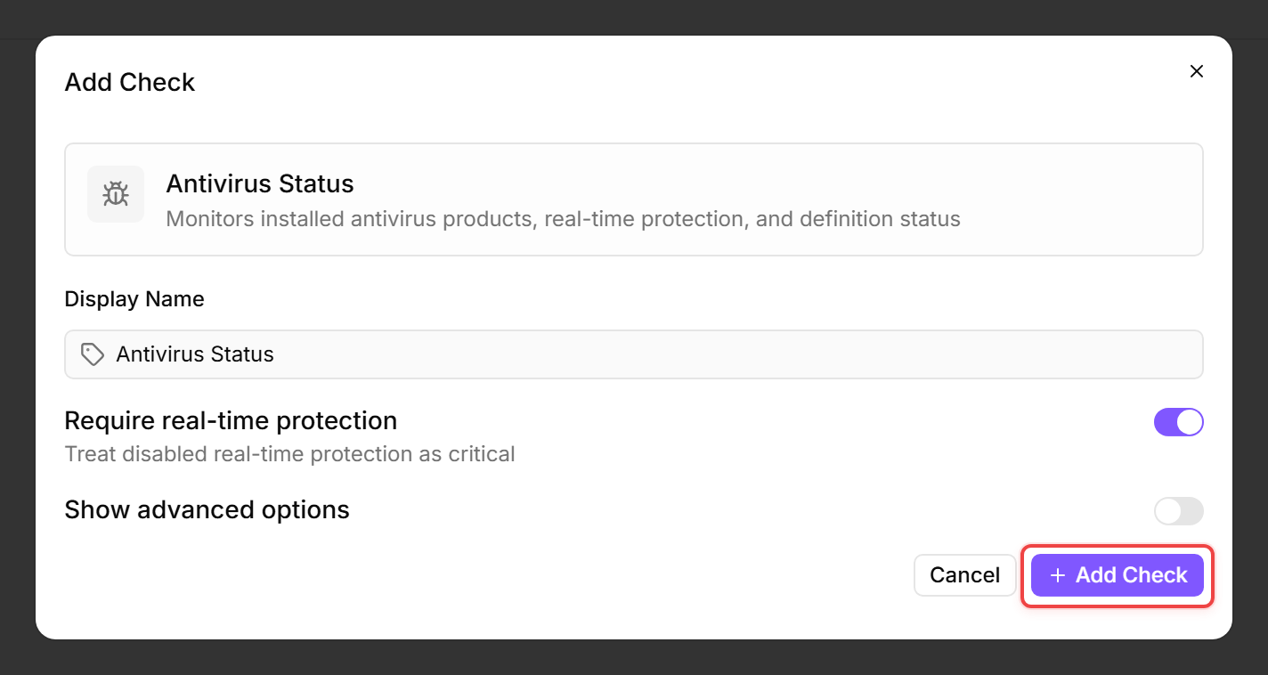 Antivirus Status check editor dialog with the Add Check button outlined