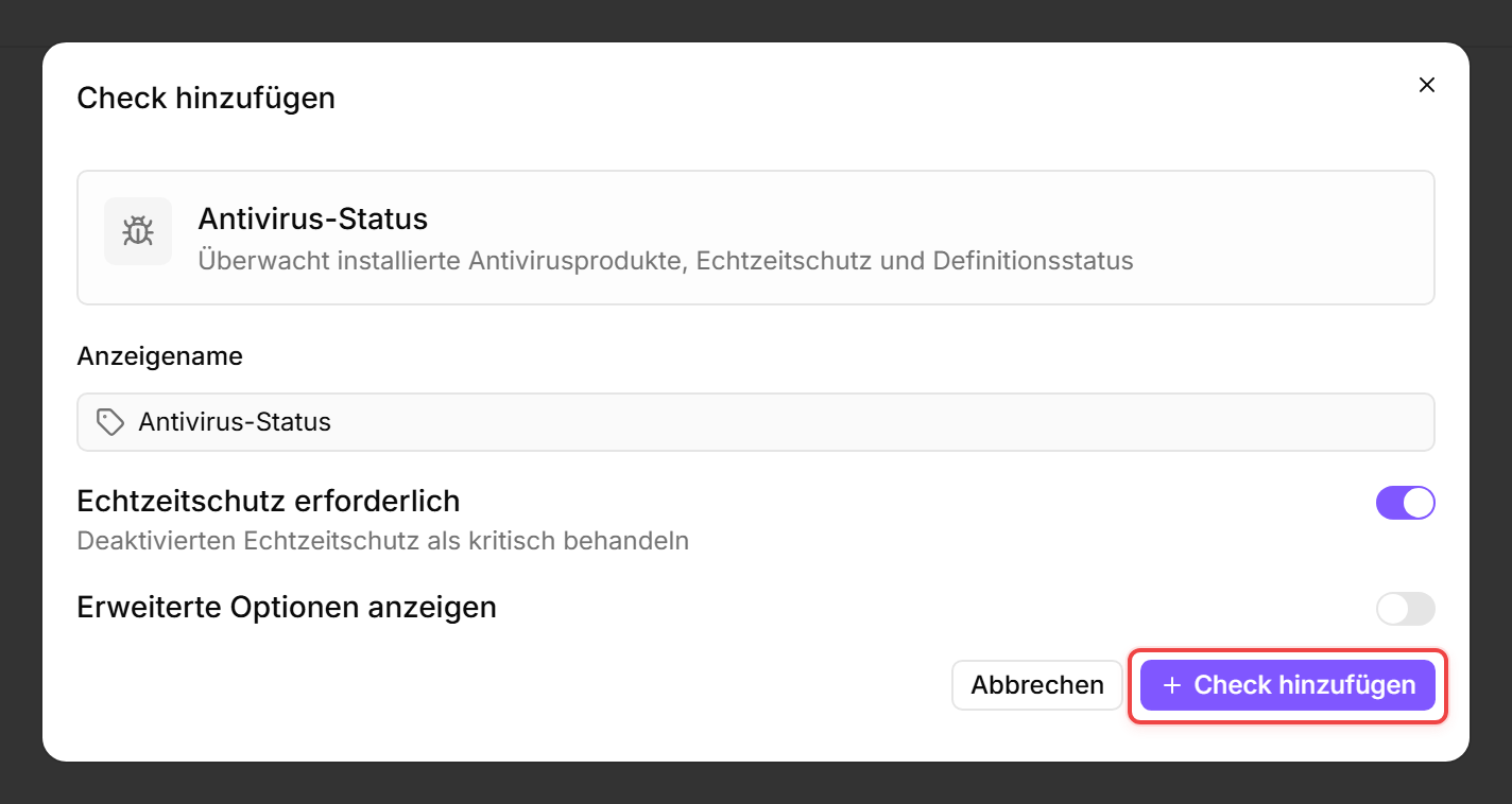 Antivirus-Status-Check-Editor mit hervorgehobener Schaltfläche Check hinzufügen