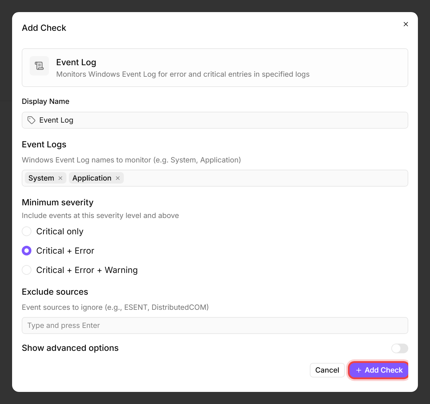 Event Log check editor on NORTHWIND-FS01 with the Add Check confirm button highlighted