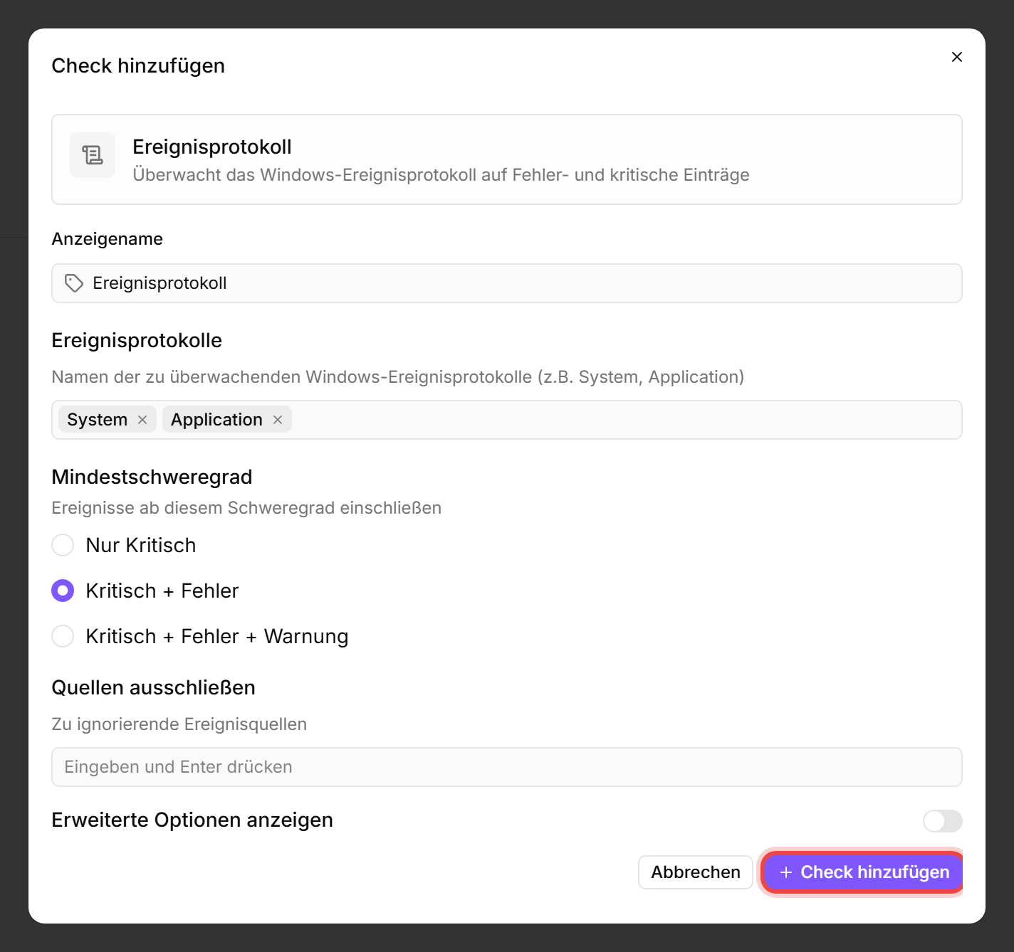 Ereignisprotokoll-Check-Editor auf NORTHWIND-FS01 mit hervorgehobenem Bestätigungs-Button "Check hinzufügen"