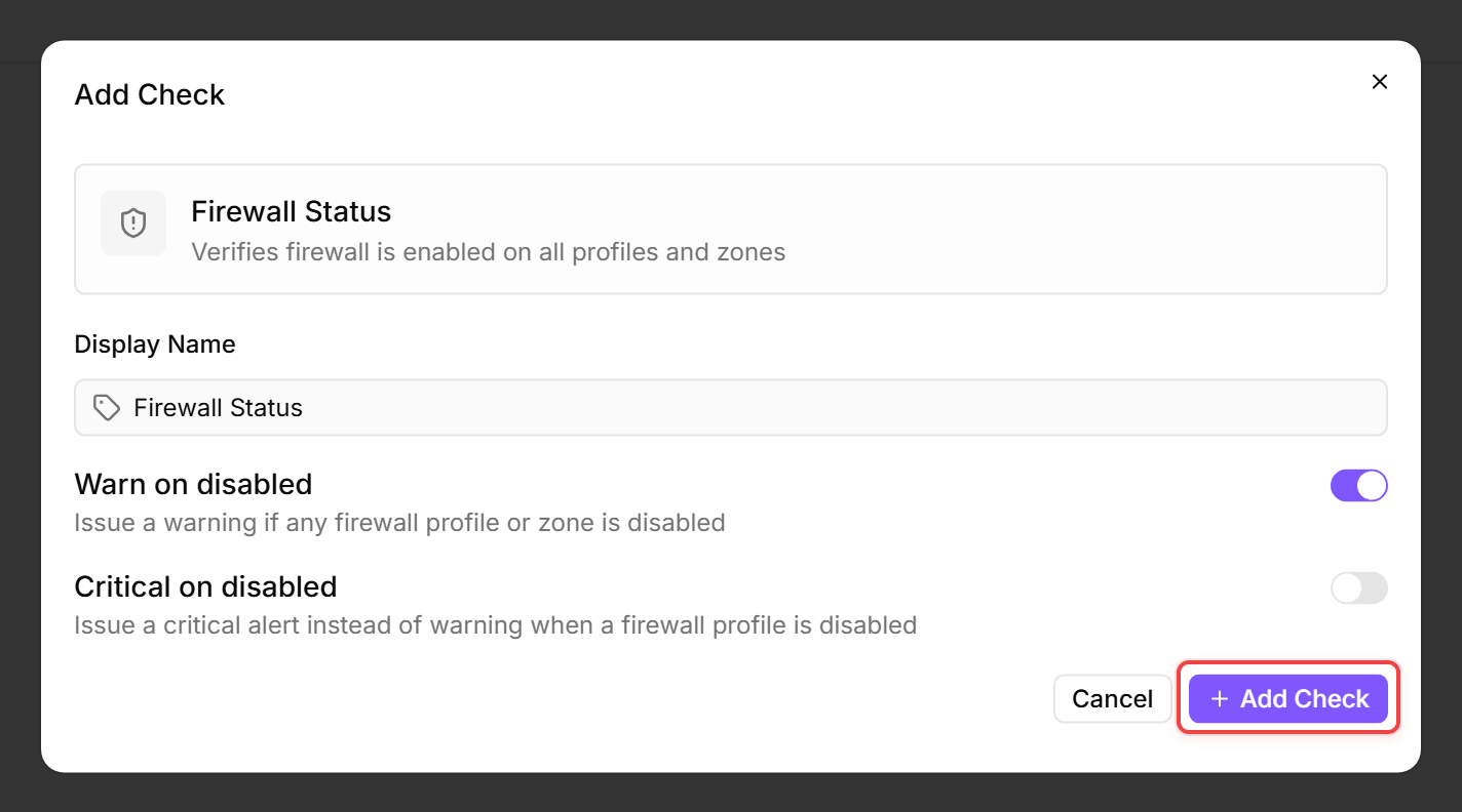 Firewall Status check editor with the Add Check button outlined