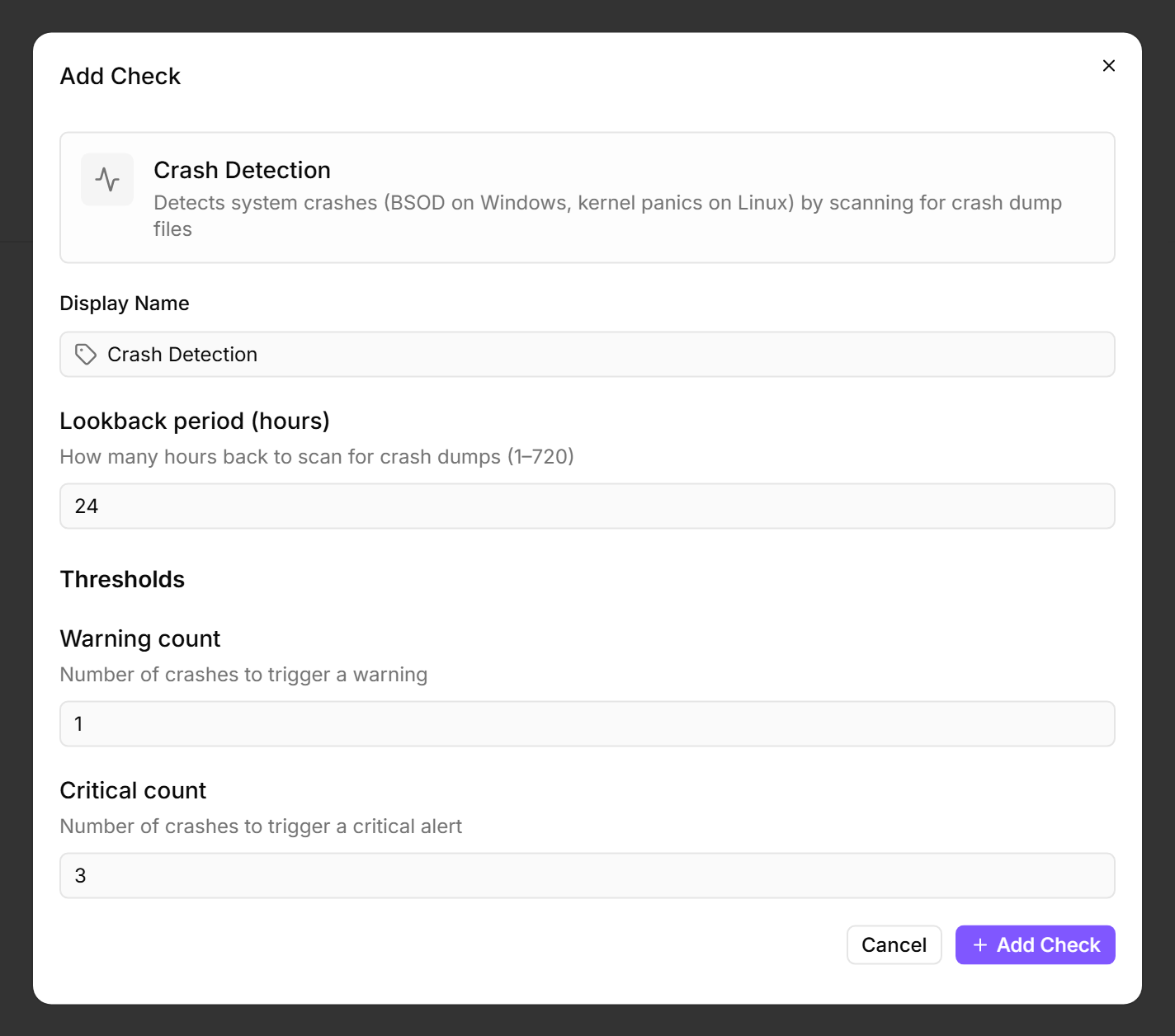 Add Check dialog for Crash Detection showing a 24 h lookback period with warning at 1 and critical at 3 crashes