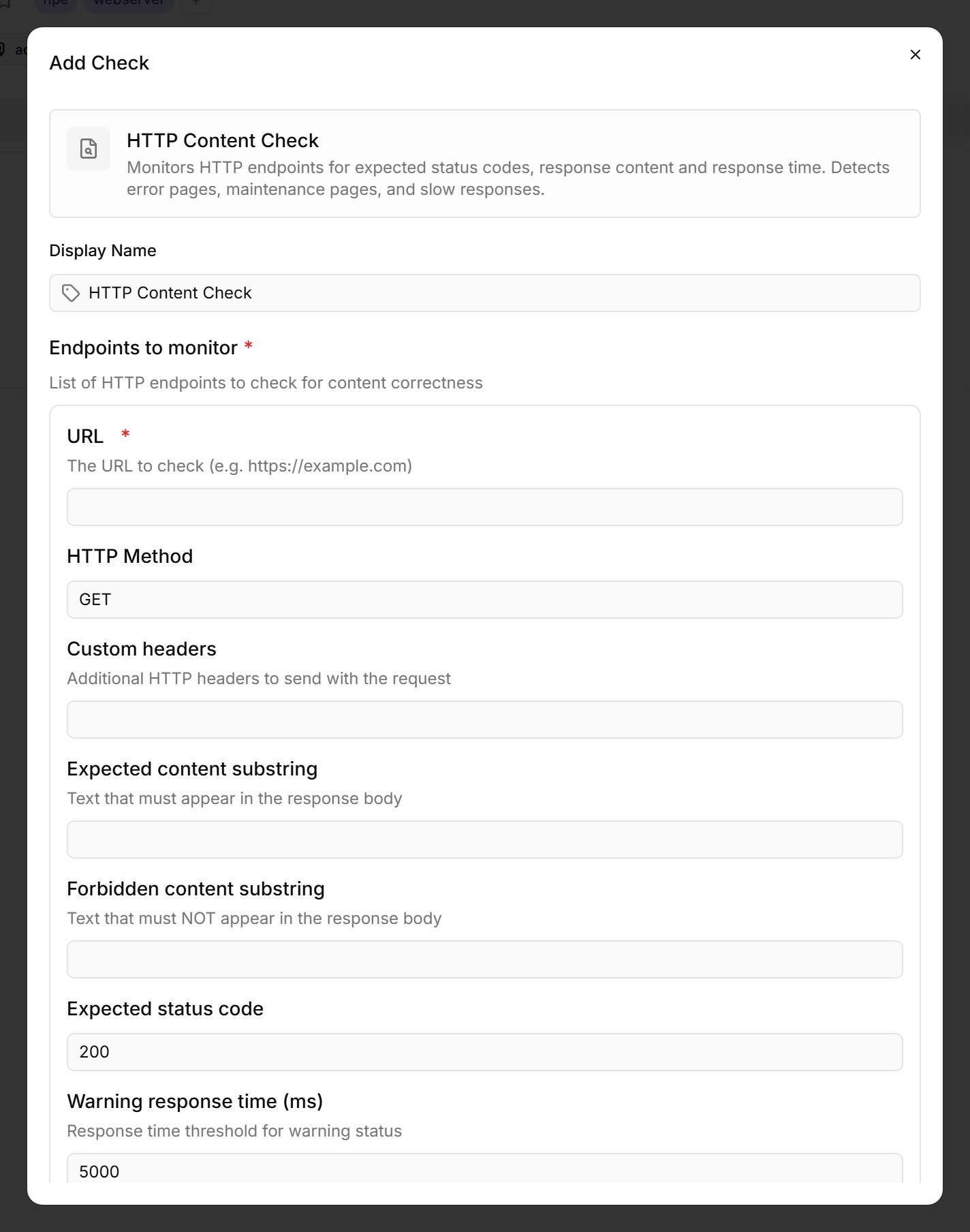 Add Check dialog with the HTTP Content Check editor scrolled to the lower fields — HTTP Method, Expected status code, Expected and Forbidden content substring, Warning/Critical response time at their defaults, with the Add Check confirm button highlighted at the bottom