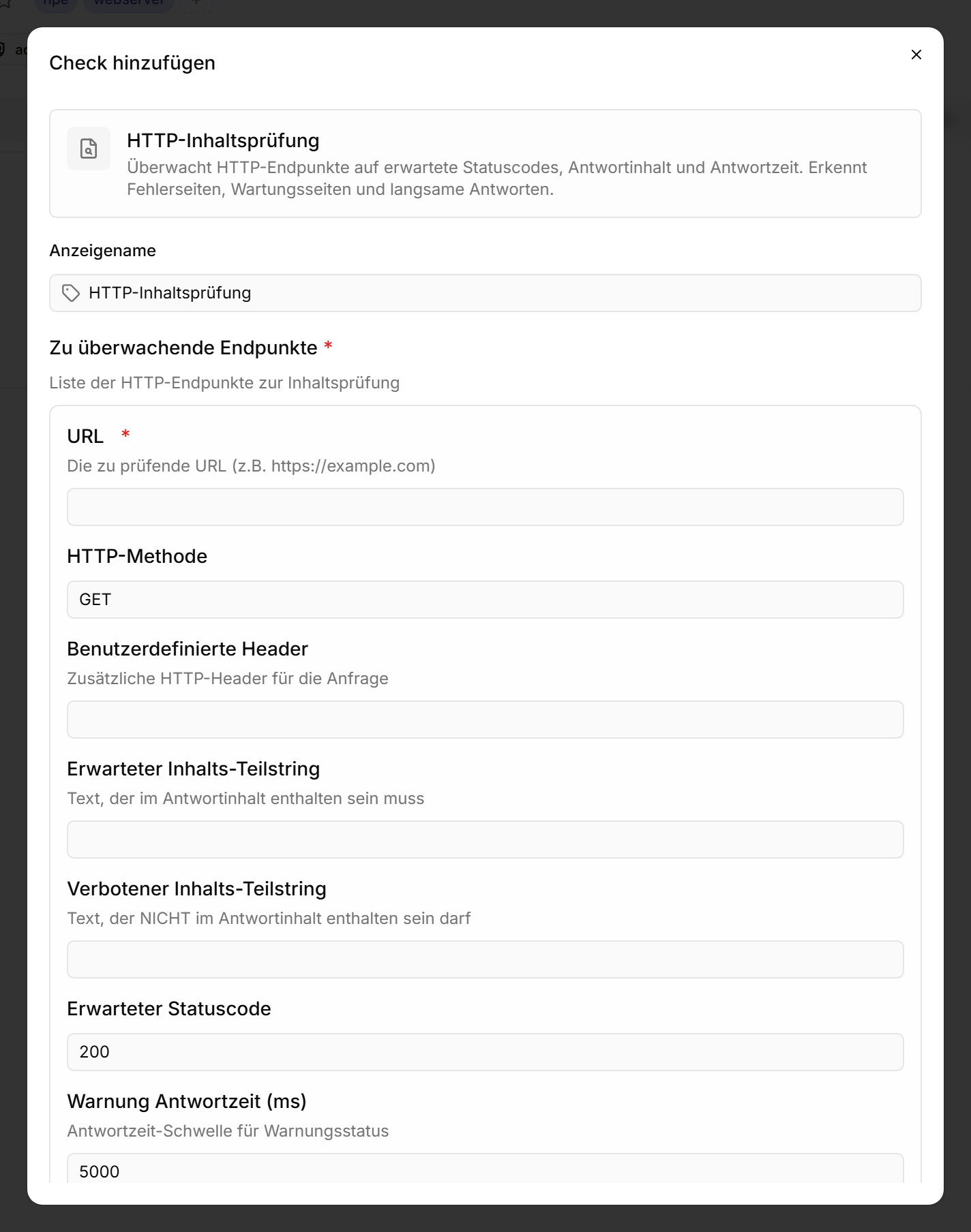 Dialog „Check hinzufügen" mit dem HTTP-Inhaltsprüfungs-Editor — sichtbar sind die Felder HTTP-Methode, Erwarteter Statuscode und Timeout mit Standardwerten; die Schaltfläche „Check hinzufügen" am Ende des Dialogs ist rot hervorgehoben