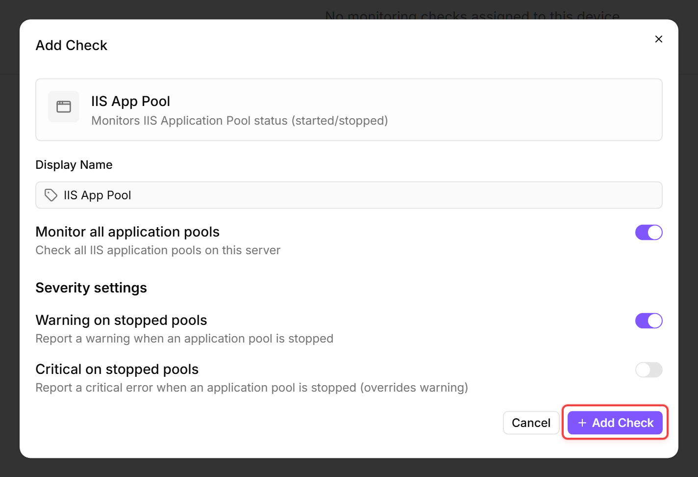 IIS App Pool check editor dialog with the Add Check button outlined in red