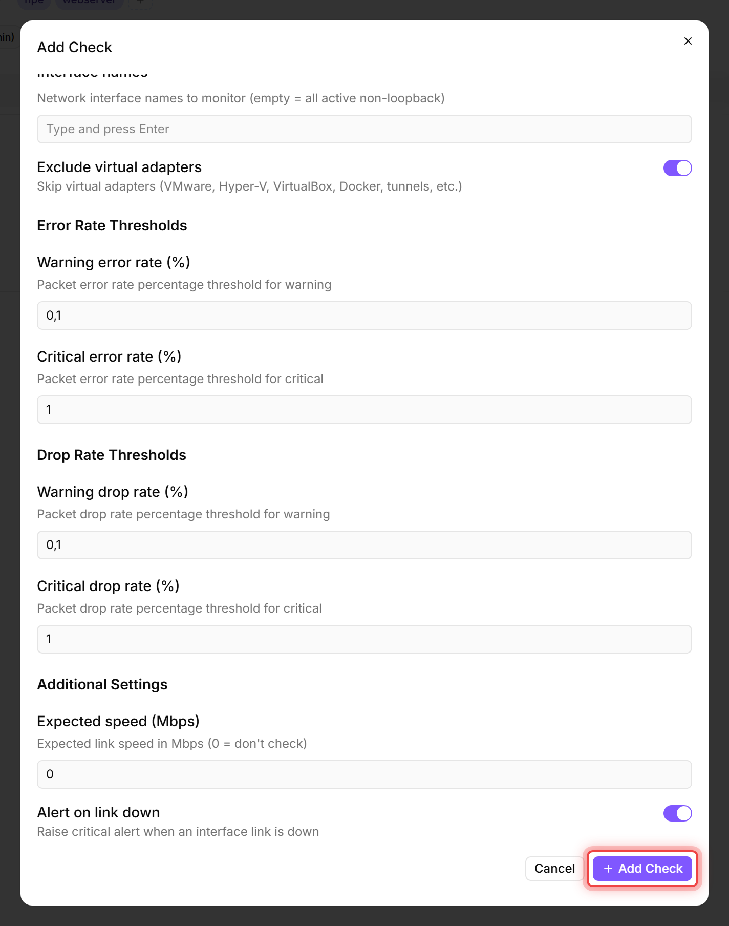Add Check dialog with the Network Interface editor showing Interface names, Exclude virtual adapters, Error Rate and Drop Rate thresholds, Expected speed, and Alert on link down