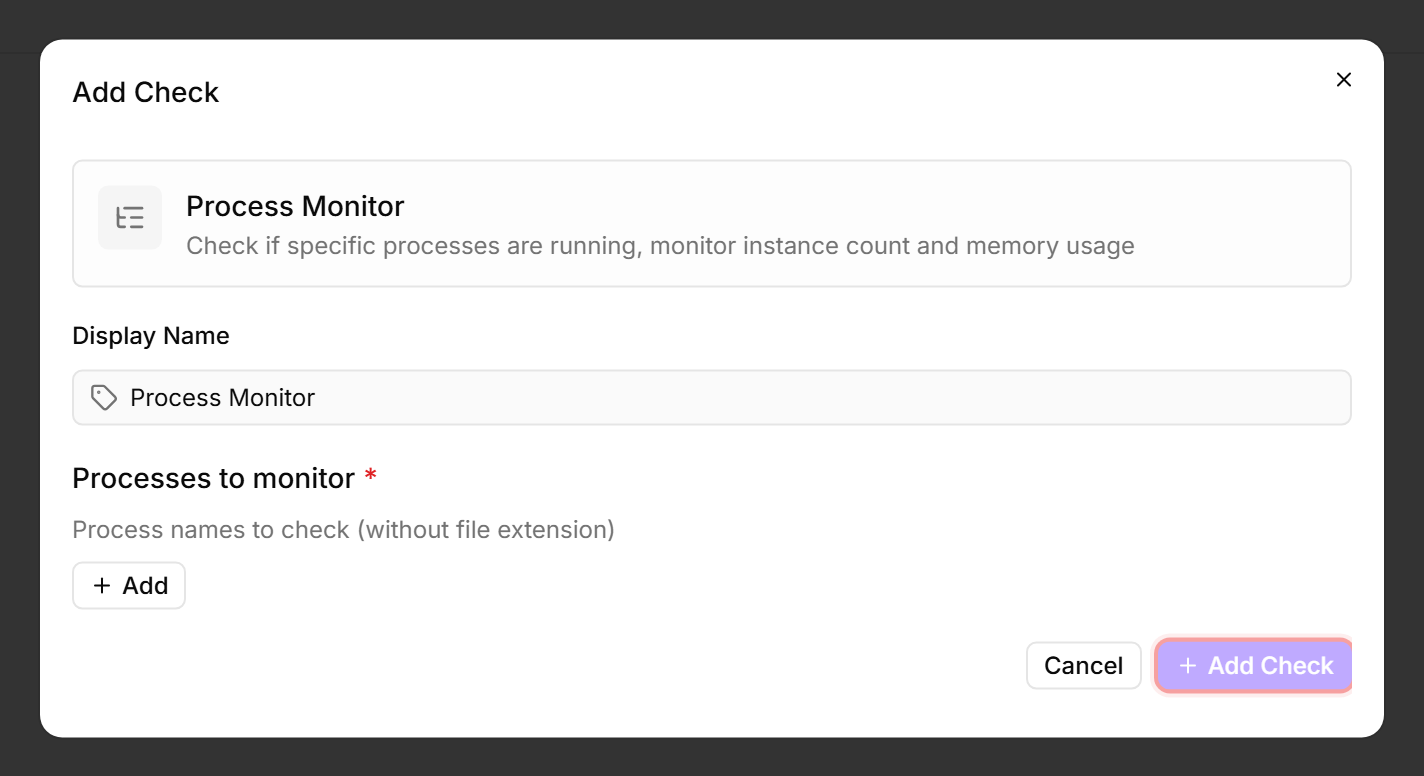 Add Check dialog: Process Monitor with notepad added to the Processes-to-monitor list, Add Check button enabled and highlighted.