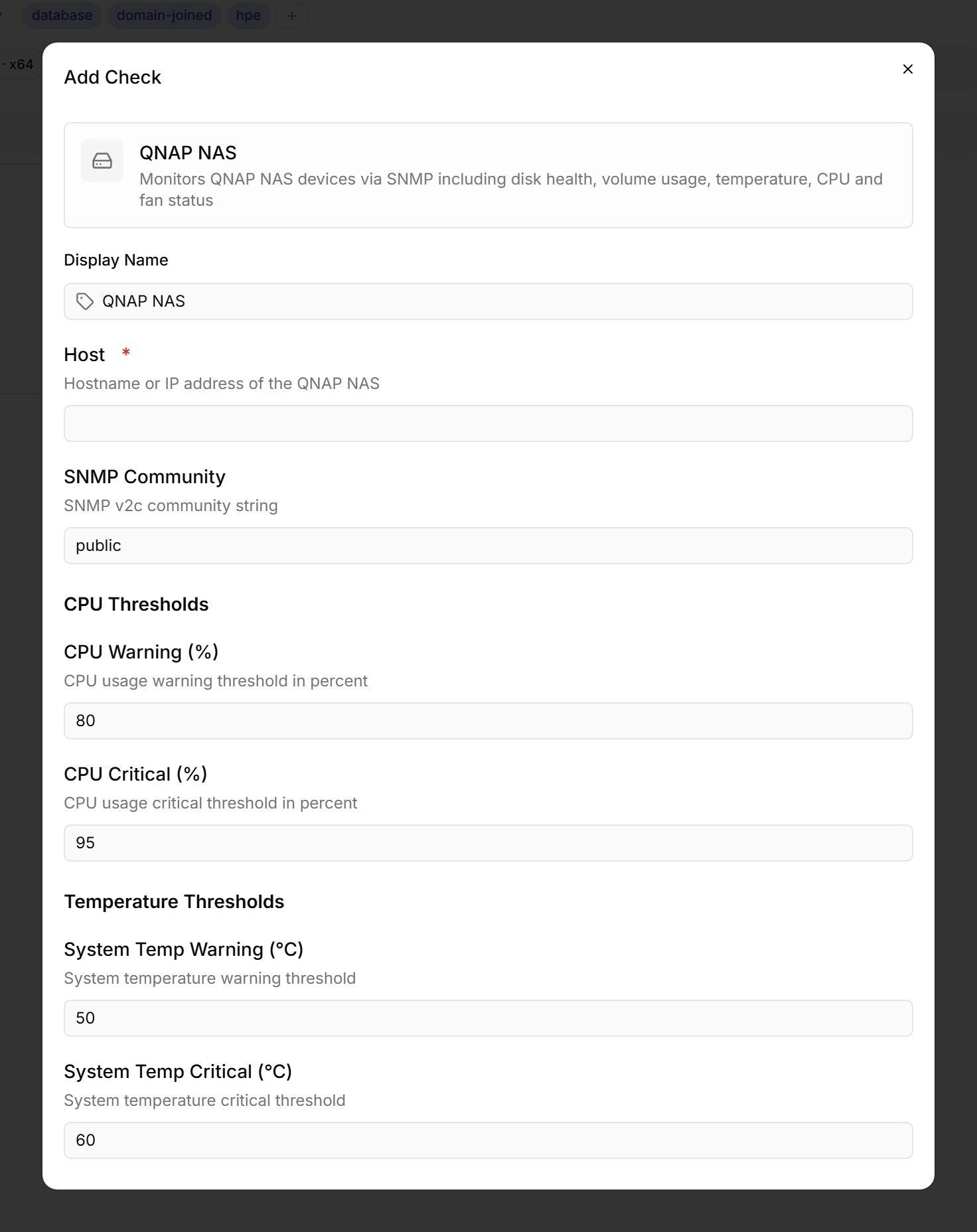 Add Check dialog for the QNAP NAS check, scrolled to the threshold section showing CPU Thresholds (Warning 80 %, Critical 95 %), Temperature Thresholds (Warning 50 °C, Critical 60 °C), and Volume Thresholds, with the Add Check confirm button outlined in red at the bottom.