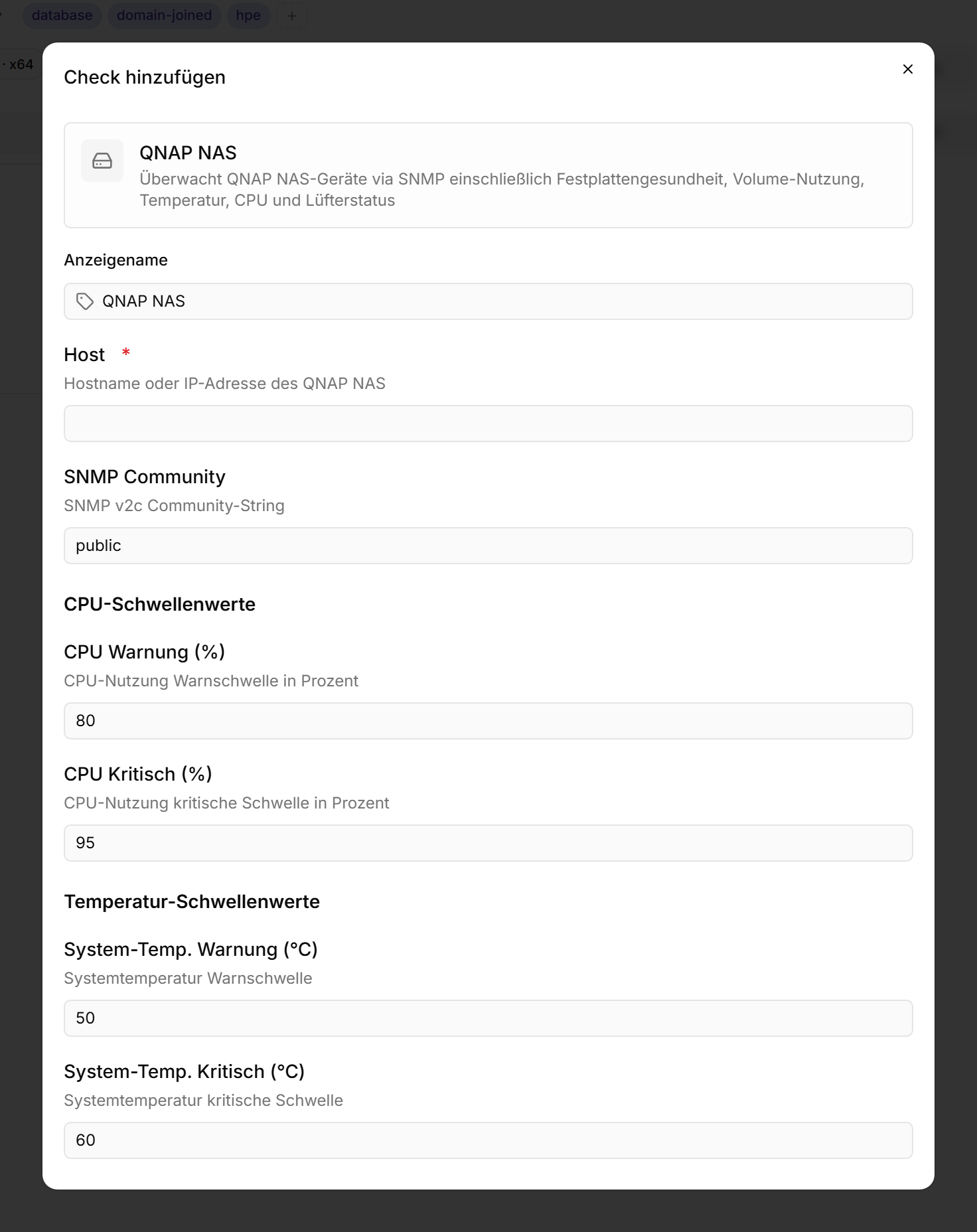 Dialog „Check hinzufügen" für den QNAP-NAS-Check mit Anzeigename (QNAP NAS), dem Pflichtfeld Host, SNMP Community (public) sowie den Abschnitten CPU-Schwellenwerte (Warnung 80 %, Kritisch 95 %) und Temperatur-Schwellenwerte (System-Temp. Warnung 50 °C, Kritisch 60 °C).