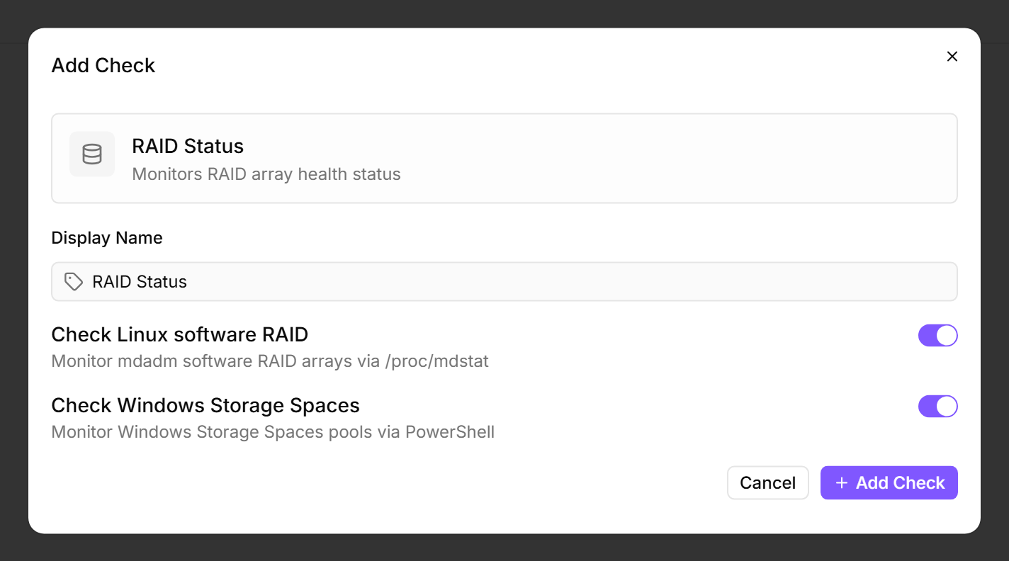 Add Check dialog for RAID Status, showing the Configuration and Alert tabs, a Display Name field, and four enabled toggles — Check Linux software RAID, Check Windows Storage Spaces, Check Windows hardware/firmware RAID, and Check Linux ZFS pools — with the Add Check button highlighted.