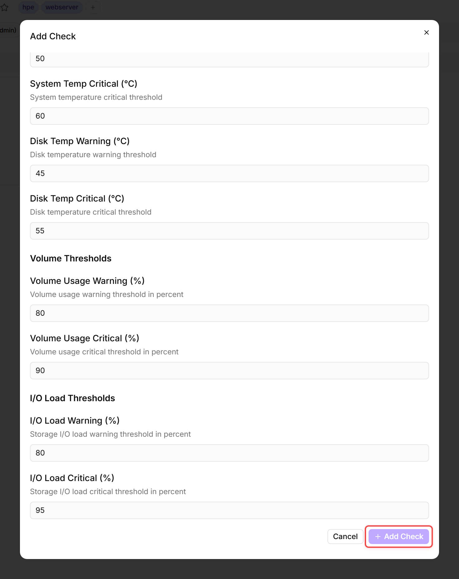 Synology NAS Add Check dialog on WOODGROVE-DB01 with default thresholds: System Temp Warning 50 / Critical 60 °C, Disk Temp Warning 45 / Critical 55 °C, Volume Thresholds section showing Volume Usage Warning 80 / Critical 90 %, I/O Load Thresholds section showing I/O Load Warning 80 / Critical 95 %. The primary Add Check submit button is outlined in red.