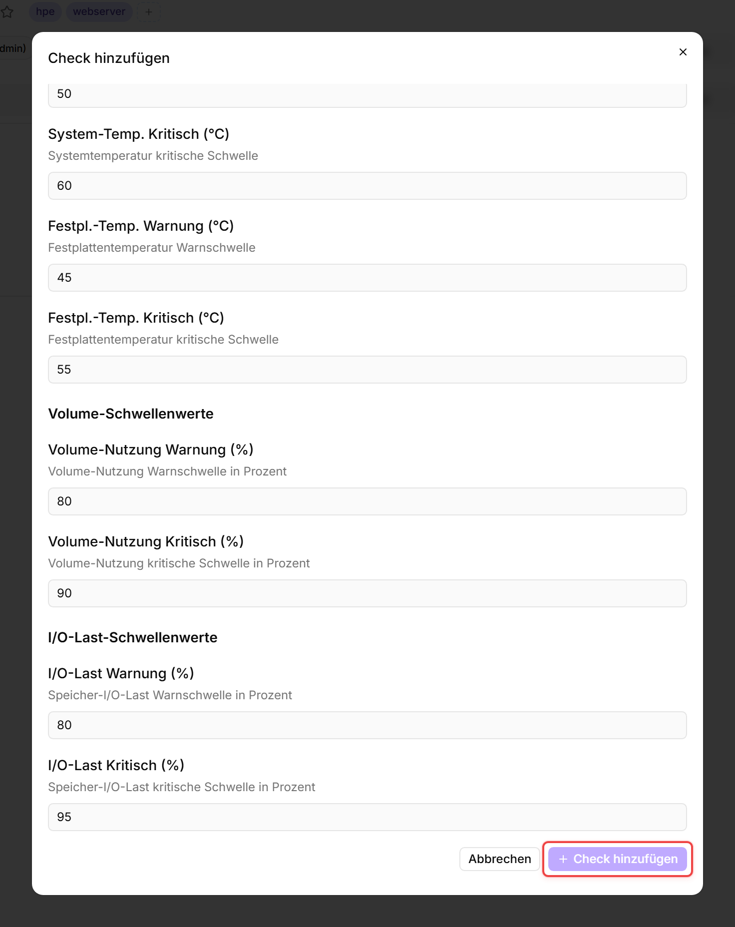 Synology NAS Check-hinzufügen-Dialog auf WOODGROVE-DB01 mit Standard-Schwellenwerten: System-Temp. Warnung 50 / Kritisch 60 °C, Festpl.-Temp. Warnung 45 / Kritisch 55 °C, Abschnitt Volume-Schwellenwerte mit Volume-Nutzung Warnung 80 / Kritisch 90 %, Abschnitt I/O-Last-Schwellenwerte mit I/O-Last Warnung 80 / Kritisch 95 %. Die primäre Schaltfläche „Check hinzufügen“ zum Speichern ist rot umrandet.