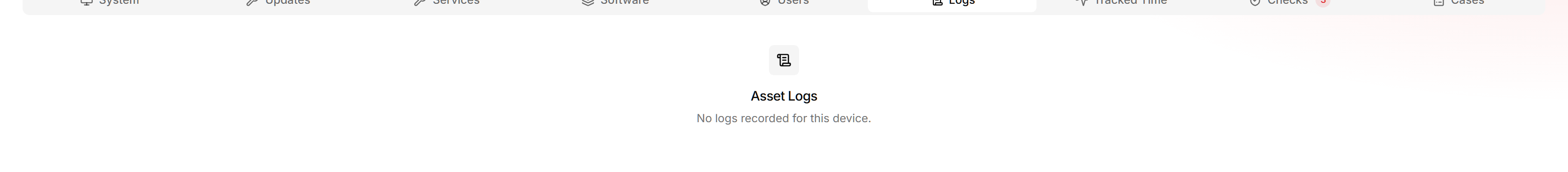 The Logs tab on the NORTHWIND-WS-001 device detail page showing recent Asset Log entries β completed tasks, remote actions, and terminal sessions with timestamp, severity, source, and the triggering user.