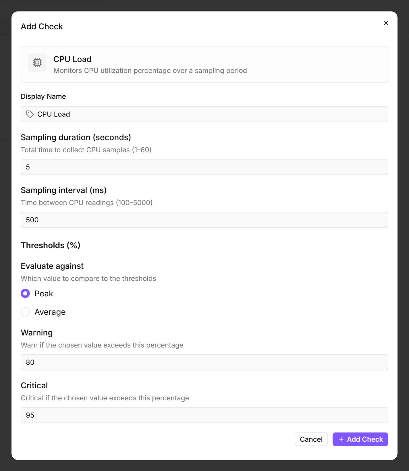 The Add Check dialog with the CPU Load editor open on ADVENTURE-WEB01 — Display Name "CPU Load", Sampling duration 5 seconds, Sampling interval 500 ms, Evaluate against set to Peak, Warning threshold 80, Critical threshold 95, Cancel and Add Check buttons at the bottom.