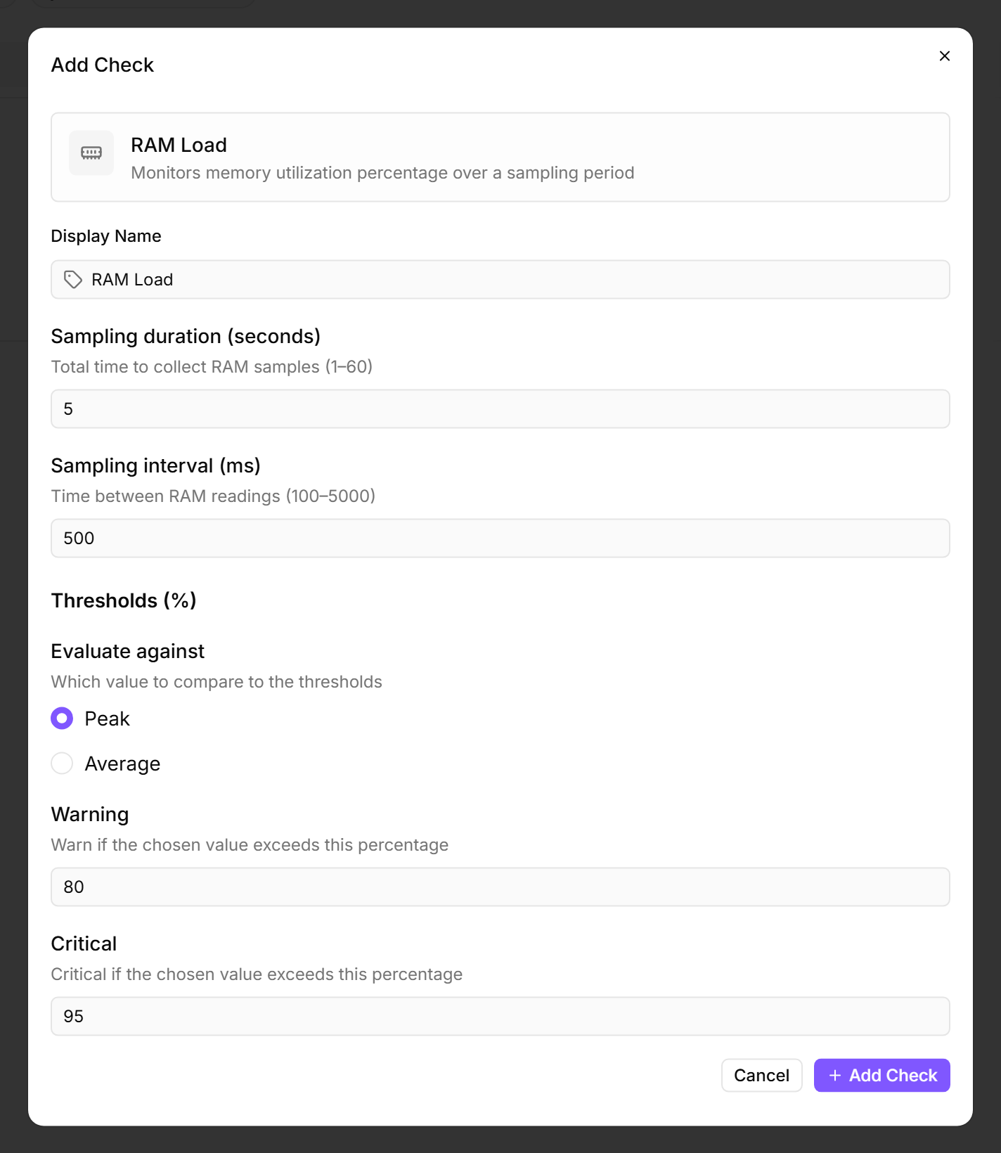 The Add Check dialog with the RAM Load editor open on CONTOSO-DC01 — Display Name "RAM Load", Sampling duration 5 seconds, Sampling interval 500 ms, Evaluate against set to Peak, Warning threshold 80, Critical threshold 95, Cancel and Add Check buttons at the bottom.