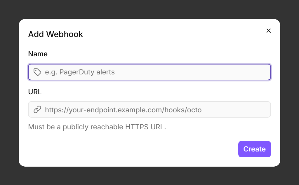 Add Webhook dialog with a Name field, a URL field, and the Create button.