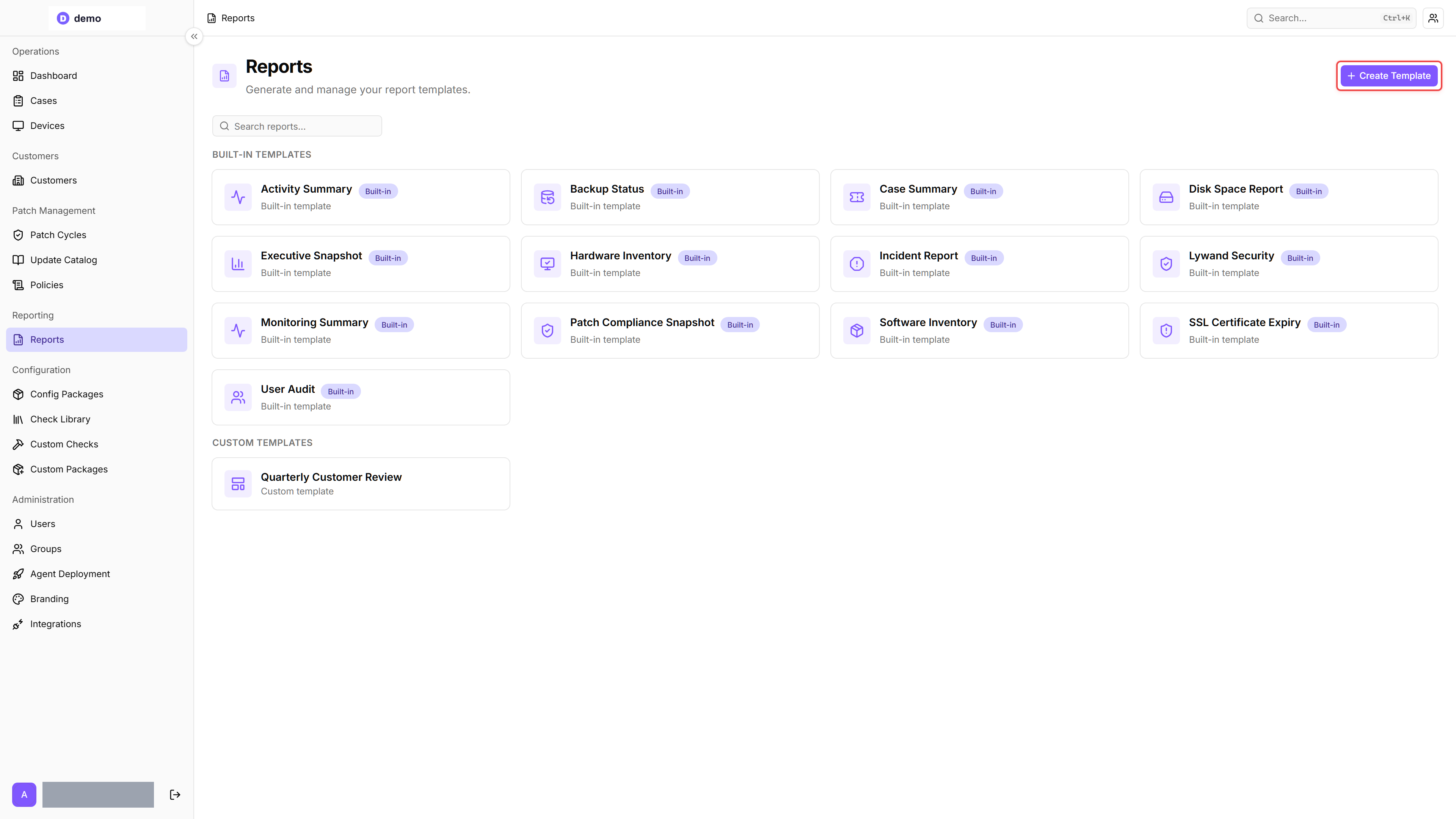 The Reports landing page with the Create Template button highlighted in red in the top-right corner, above the Built-in Templates grid (Activity Summary, Backup Status, Case Summary, Disk Space Report, Executive Snapshot, Hardware Inventory, Incident Report, Lywand Security, Monitoring Summary, Patch Compliance Snapshot, Software Inventory, SSL Certificate Expiry, User Audit).