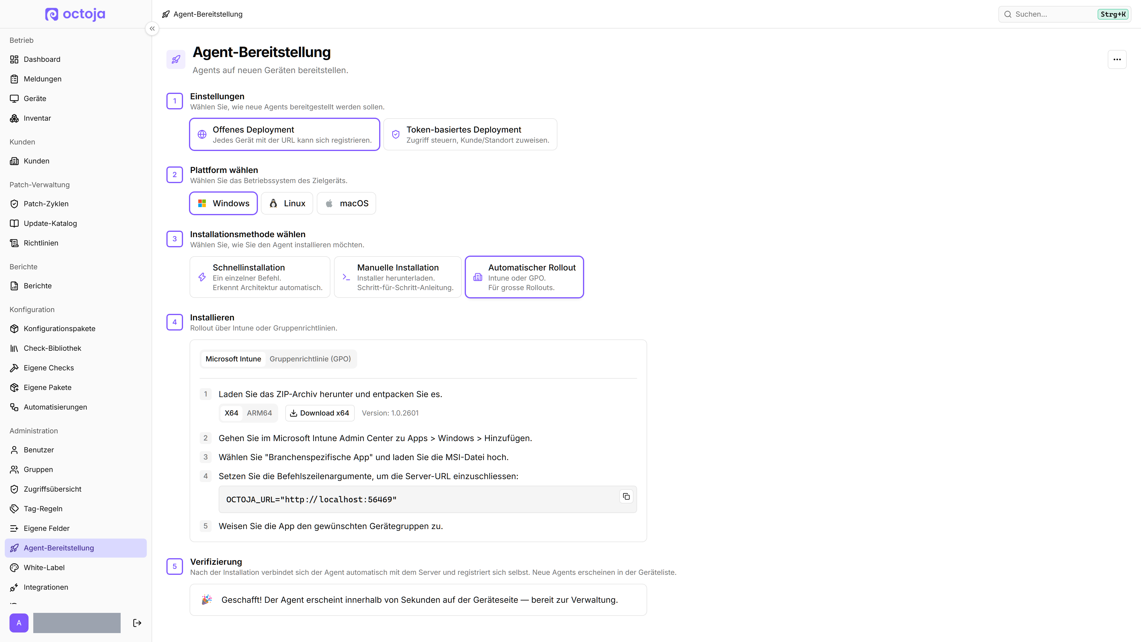 Die Karte Automatischer Rollout auf der Agent-Bereitstellung-Seite mit ausgewähltem Microsoft Intune, mit den nummerierten Intune-Schritten und dem kopierbaren Block der Befehlszeilenargumente mit der Eigenschaft OCTOJA_URL.
